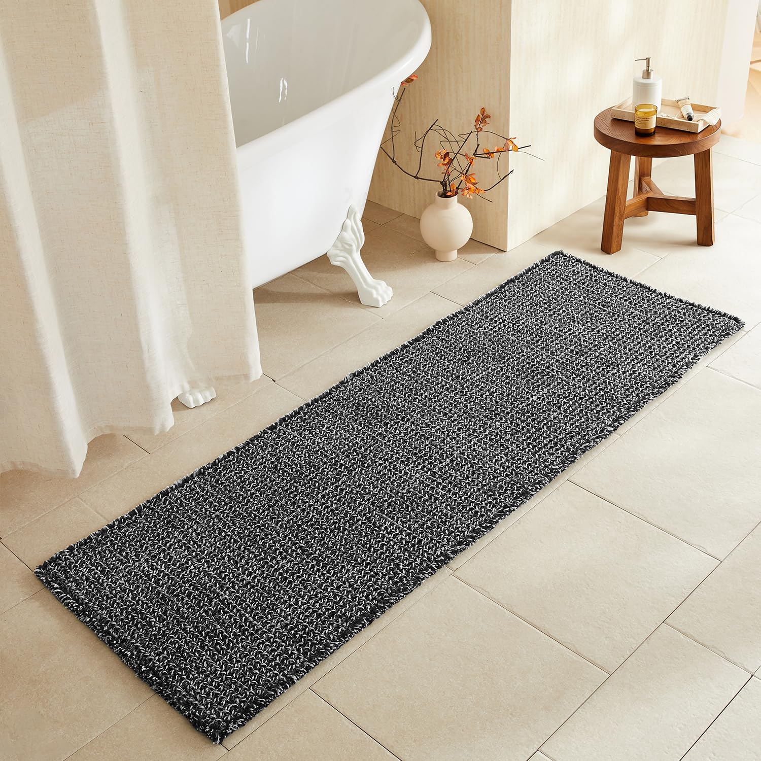 TYUU Black and White Bathroom Rugs, Waffle Runner Rug Bathroom Non Slip Washable Long Super Absorbent Quick Dry Boho Farmhouse Bath Decor, 72"x24"