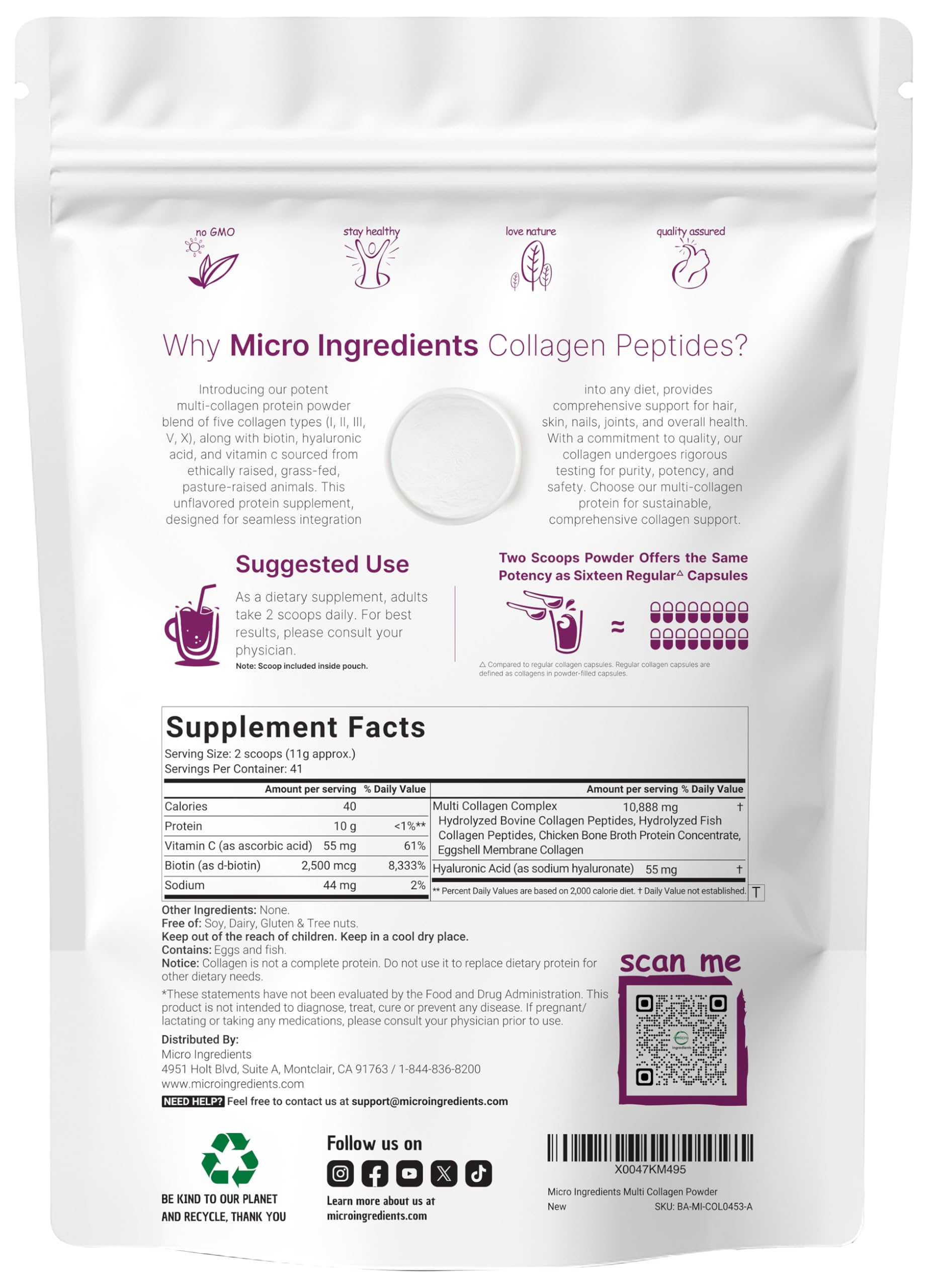 Micro Ingredients Multi Collagen Peptides Powder, 16oz | Type I, II, III, V, X + Biotin, Vitamin C & Hyaluronic Acid | Unflavored | Supports Hair, Skin & Joint Health | Keto, Non-GMO