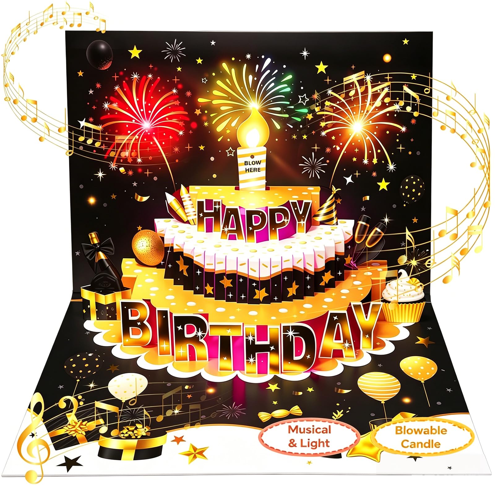 Birthday Cards, Happy Birthday Card with Music&Light, 3D Pop up Birthday Card with a Blow-out Candle, Birthday Gifts for Women Men Husband Wife Kids Friends