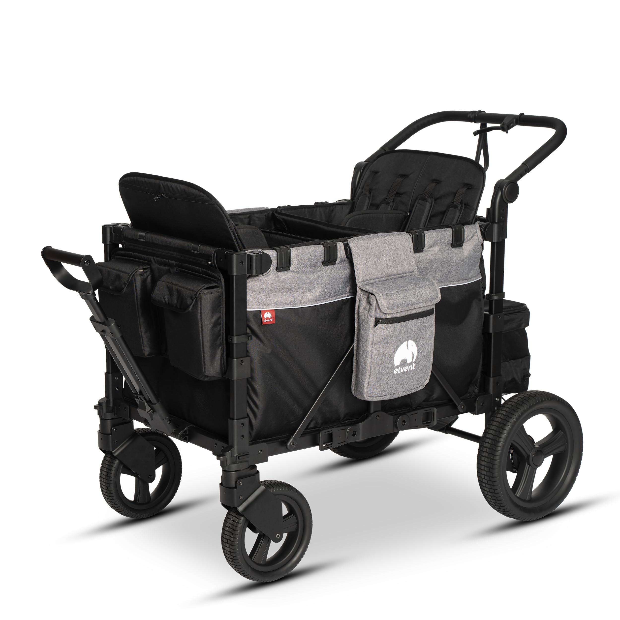 elvent® FlexProfessional 4 Bollerwagen 4-Sitzer | TÜV-Zertifiziert I Handwagen faltbar mit Dach, 5-Punkt-Gurt, Feststellbremse, 100 kg | Kita & Tagespflege (Grau)