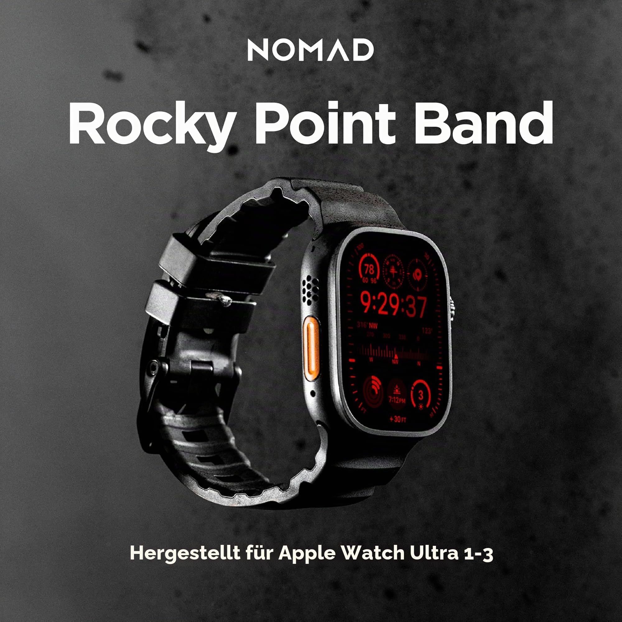 NOMAD Rocky Point Band | für Apple Watch 42/44/45/49 mm |ultimative leistungsstarke Uhrenarmband | Carbon Black Connector Black