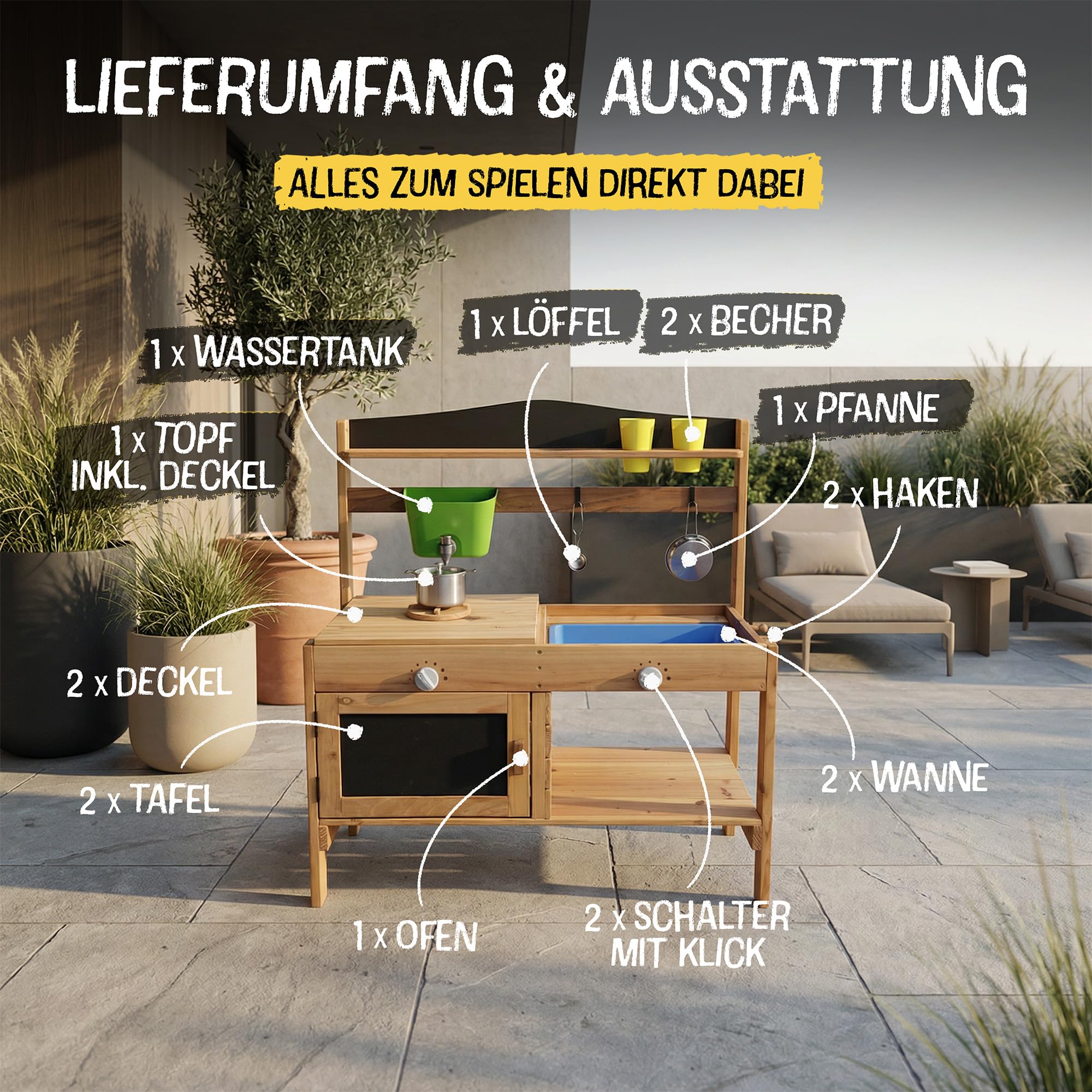 FRIEDO Matschküche Kinder Outdoor mit Schutzlasur I Inkl. Ofen und Zubehör wie 1,2 L Wasserspender, Töpfen etc. I Lasierte Gartenküche wettersicher I Sommer Kinderküche für den Garten I Mud Kitchen