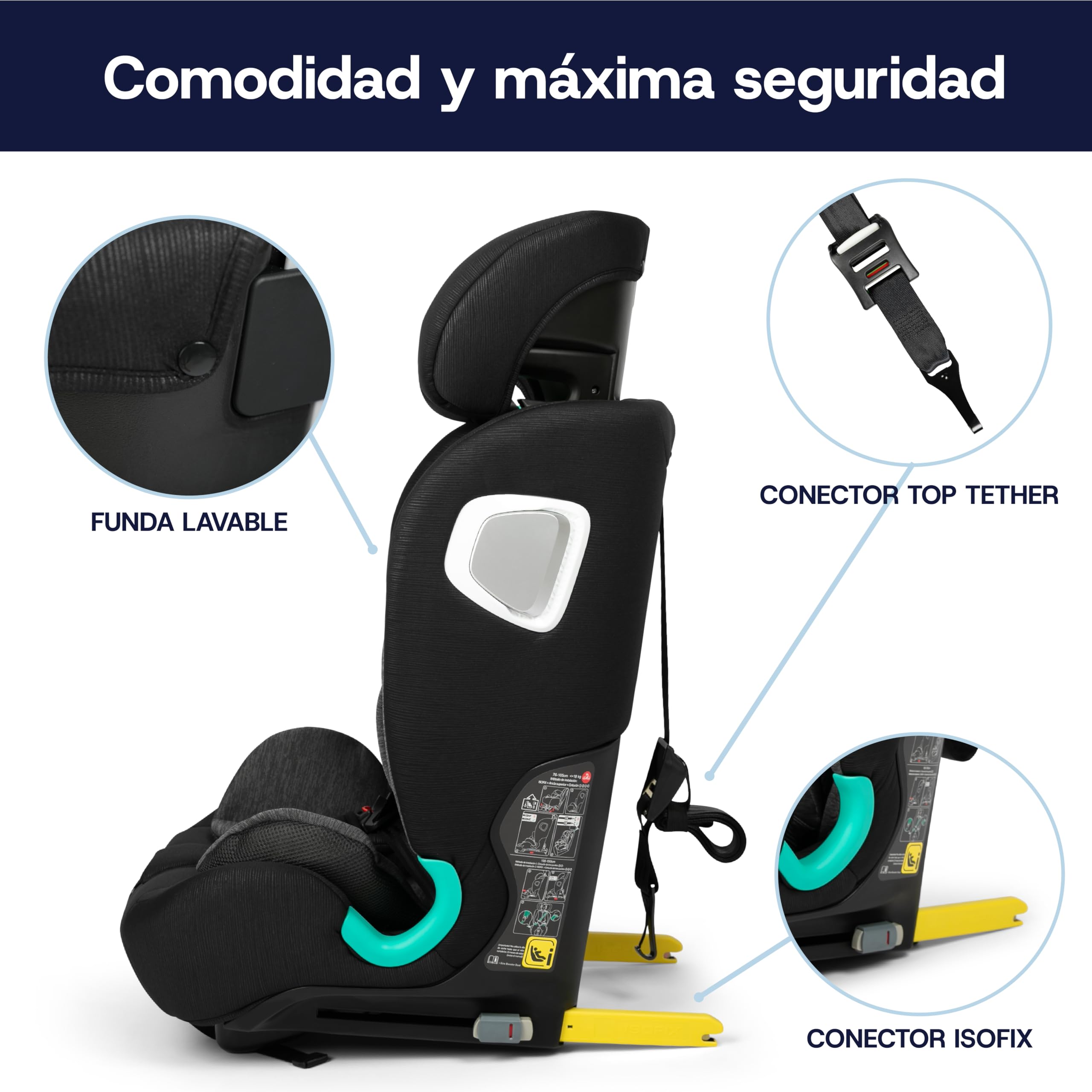 Toral Alzador Coche Niño con Isofix - Silla Coche Grupo 1 2 3 i-Size - Desde 76-150 cm - Silla Coche Bebe - Elevador coche niño y niña - Silla bebe coche Modelo Jerez Negro