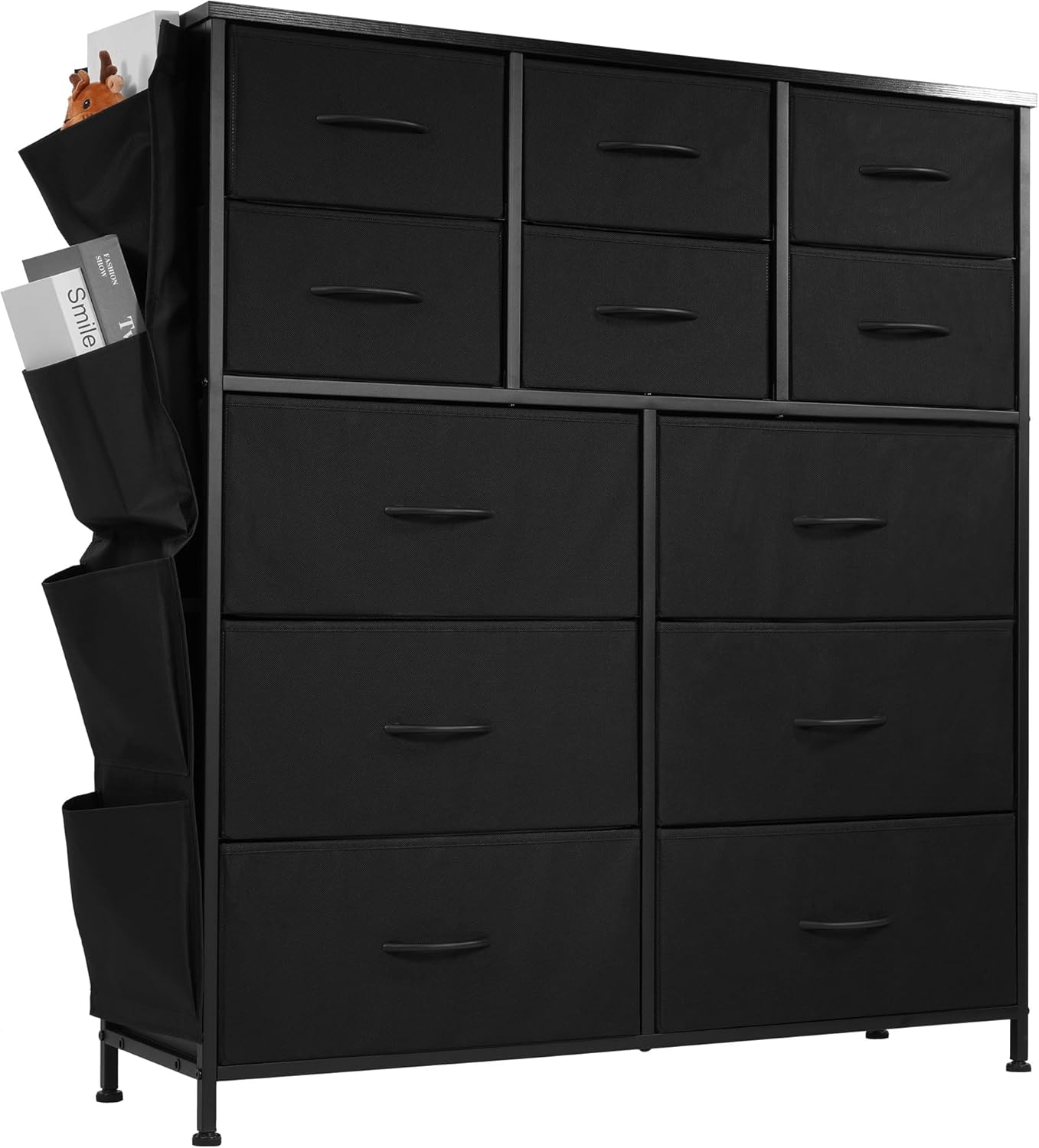 Elevon Tall Dresser for Bedroom with 12 Drawers, Wide Chest of Drawers with Side Pockets and Hooks, Fabric Dresser, Storage Organizer Unit with Steel Frame for Closet, Living Room, Hallway, Black
