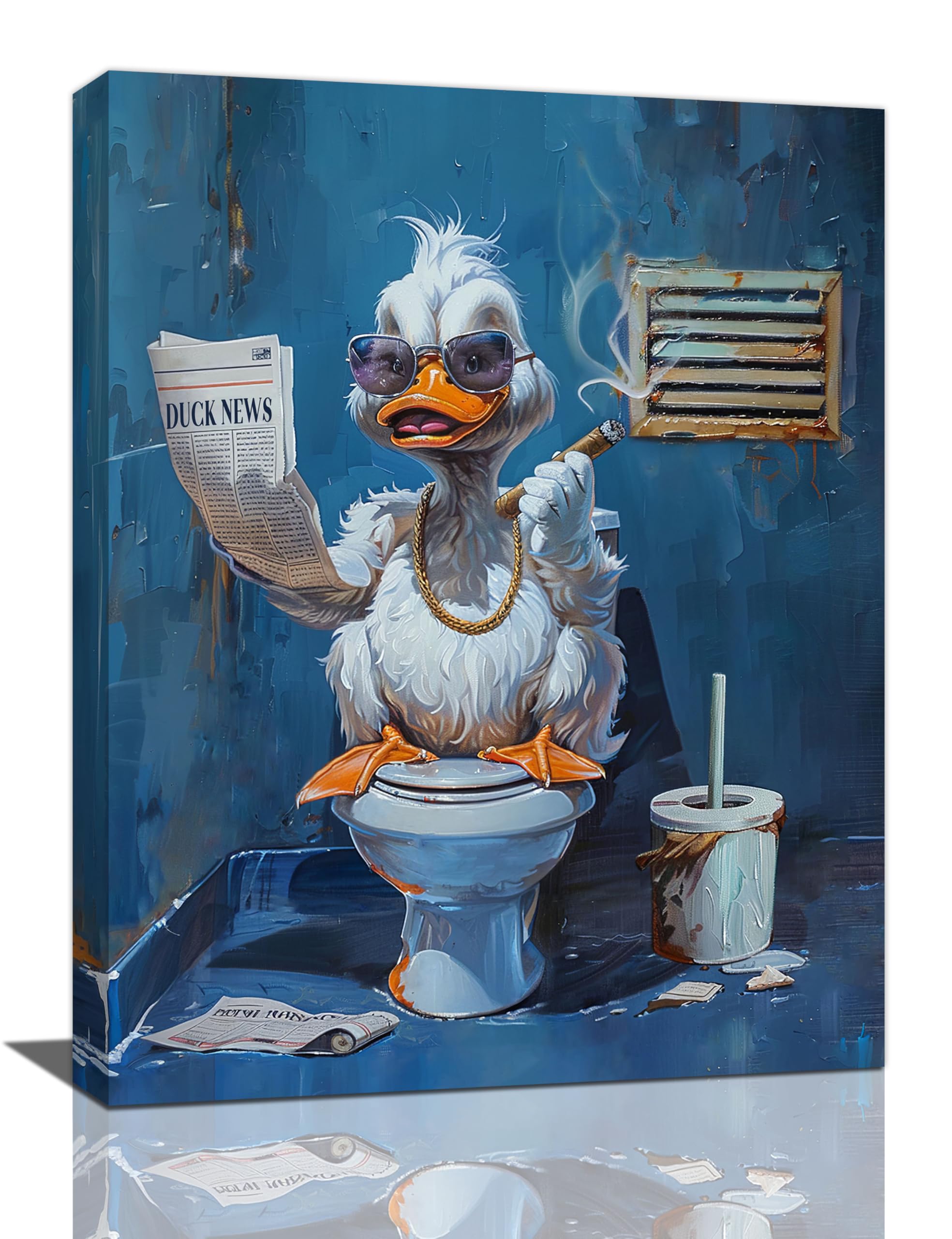 Bogosip Blue Bathroom-Duck Funny Duck On The Toilet Reading Newspaper Bathroom Wall Art, Canvas Print Modern Framed Navy Blue Decor For Restroom 12"X16"
