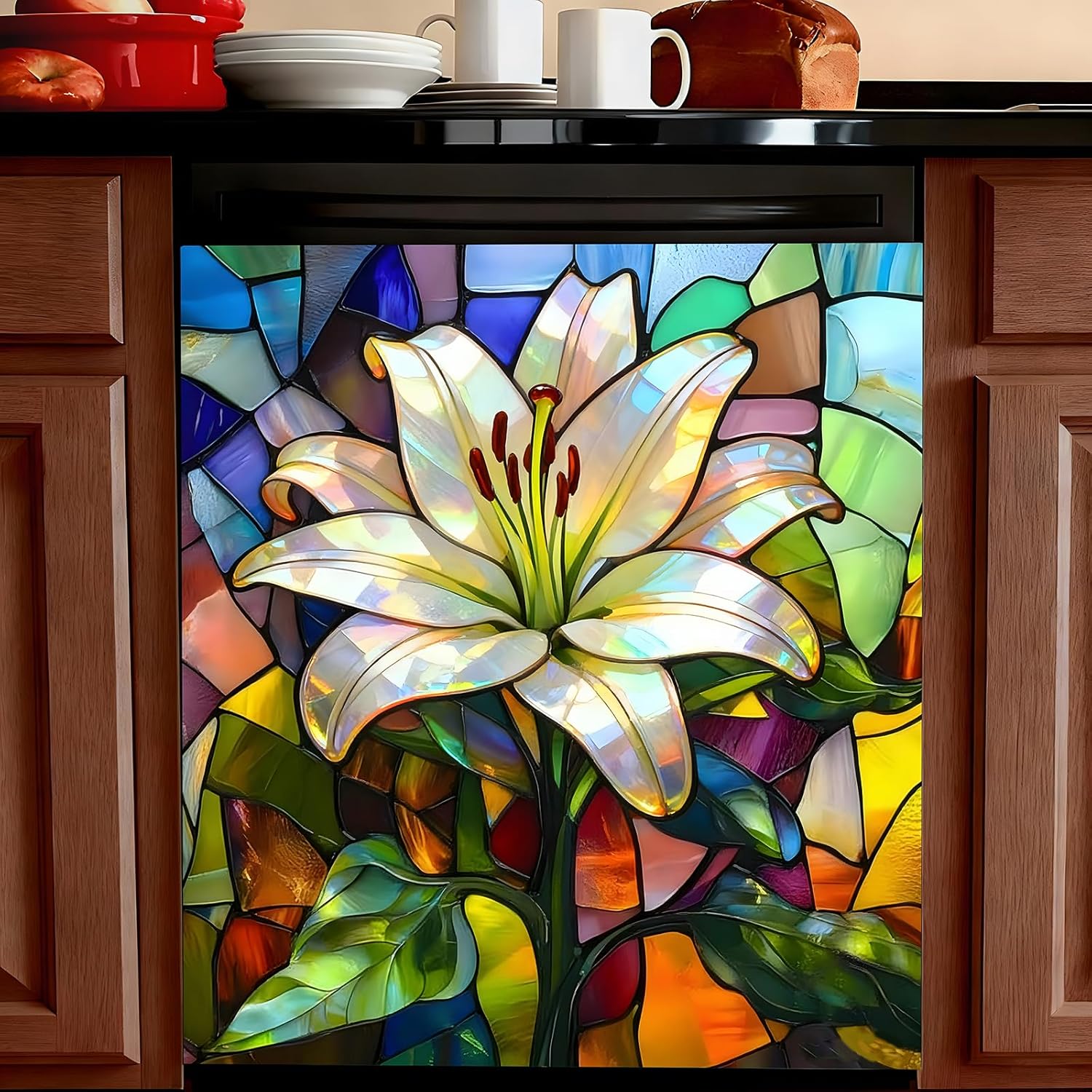 Dishwasher Magnet Cover, Creative Patterns Sticker, Dishwasher Magnetic Decoration, Refrigerator Protection Decoration, Lily, Kitchen Art Decoration 23x25.5 inches