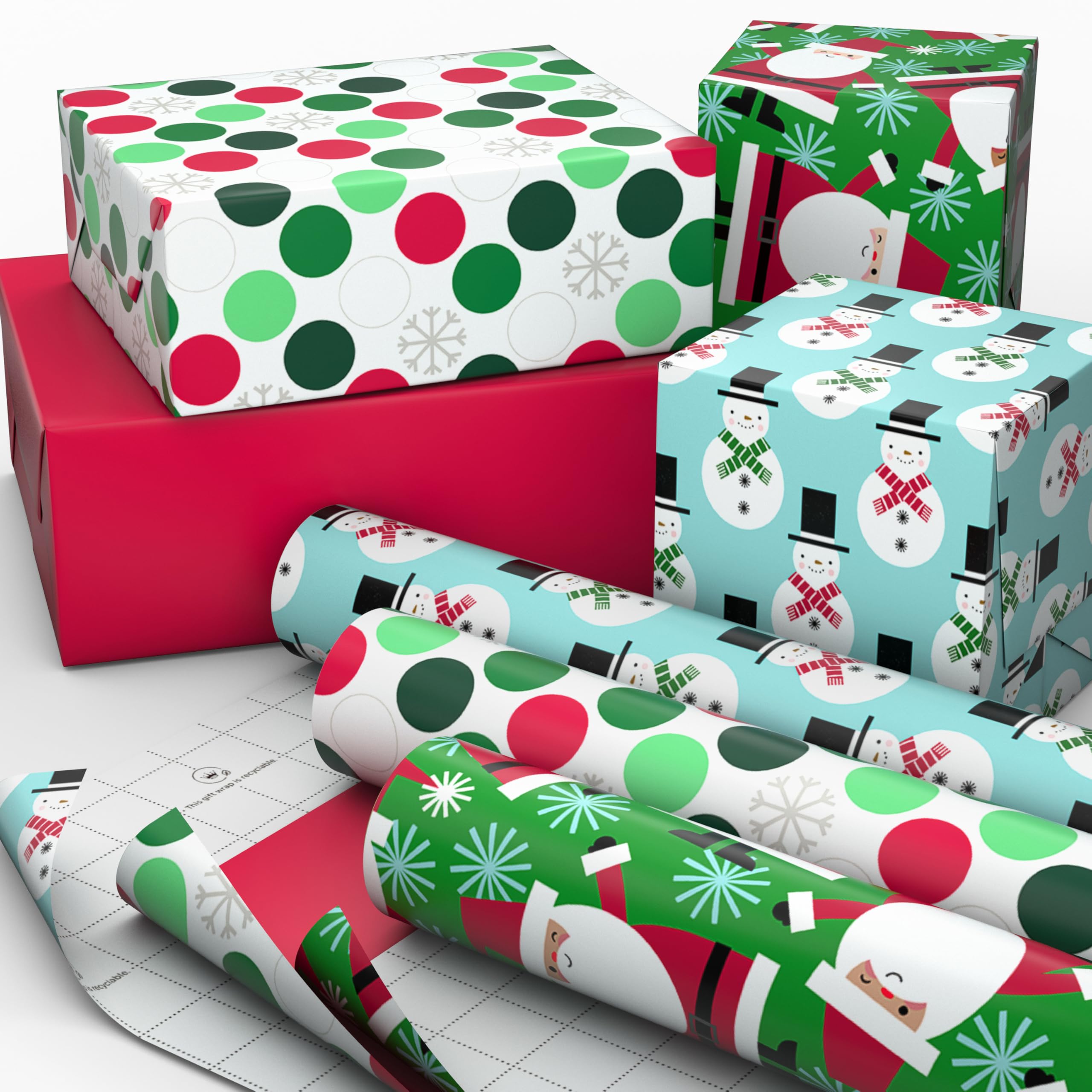 Hallmark Christmas Wrapping Paper with Cutlines on Reverse (3 Rolls: 90 Sq. Ft. Total) Santa Claus, Polka Dots, Snowmen - Image 3