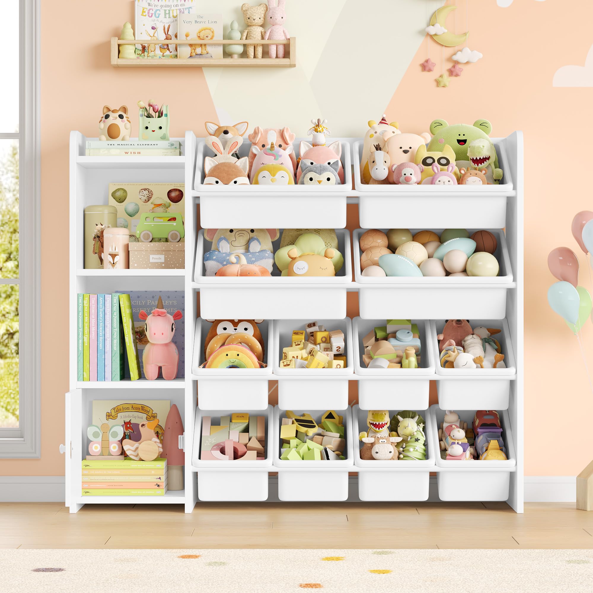 FOREHILL Meuble de Rangement Enfant avec 12 Boîtes Amovibles Bibliothèque Enfant 4 Étagères Meuble Rangement Jouets pour Chambre d’Enfant Salon 112,5x30x100cm Blanc