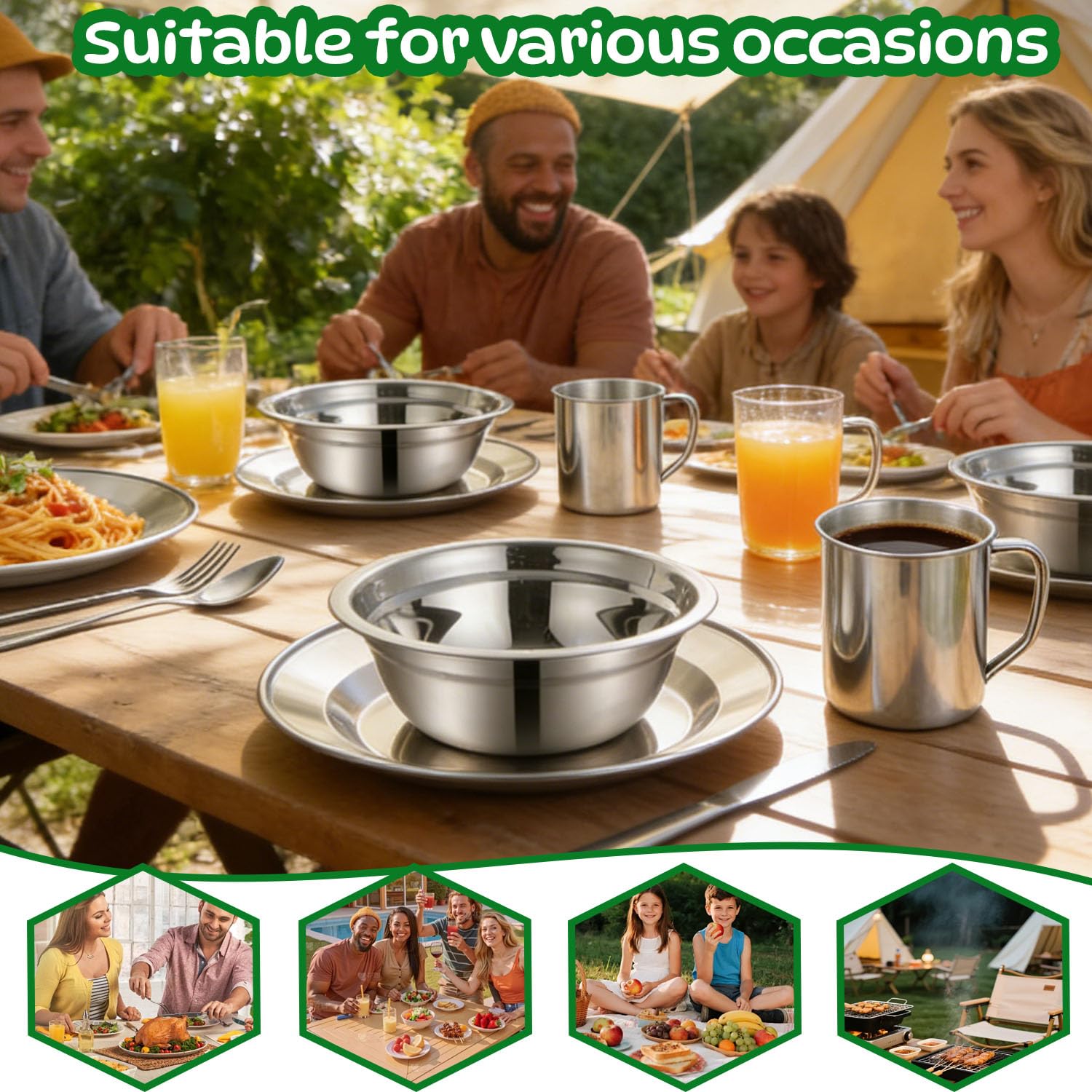 Couvert Camping pour 4 Personnes,29 pièces Couverts Camping Acier Inoxydable Assiette Tasse Couteau Fourchette Cuillère Sac Rangement,pour Famille et Amis Randonnée Pique-Nique Voyage