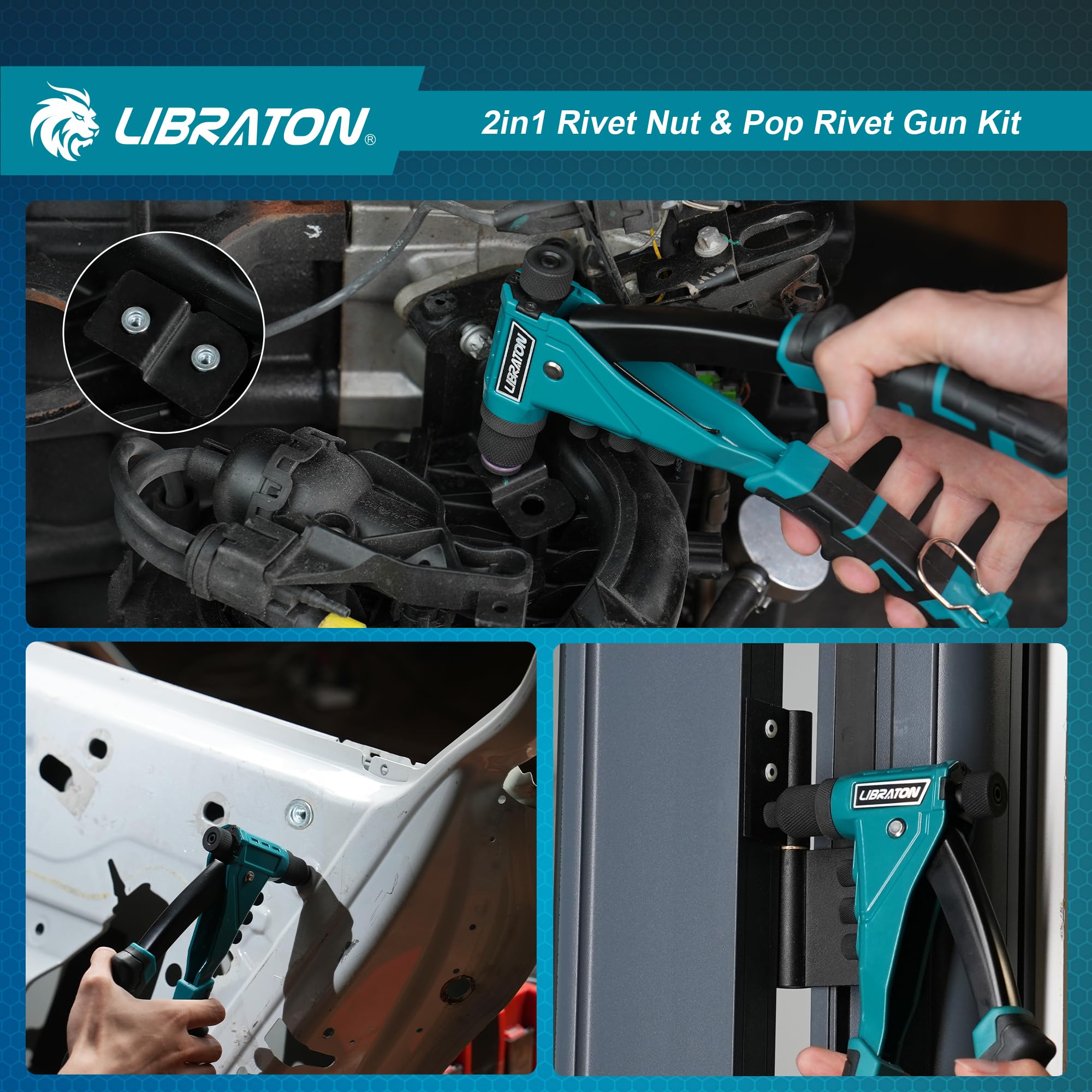LIBRATON Kit de Remachadora de Tuercas y Remaches 2 en 1, con 4 Mandriles (M3-M6), 4 Boquillas (2.4-4.8mm), 40 Tuercas y 200 Remaches, Remachado Ajustable para Bricolaje y Reparaciones, con Caja