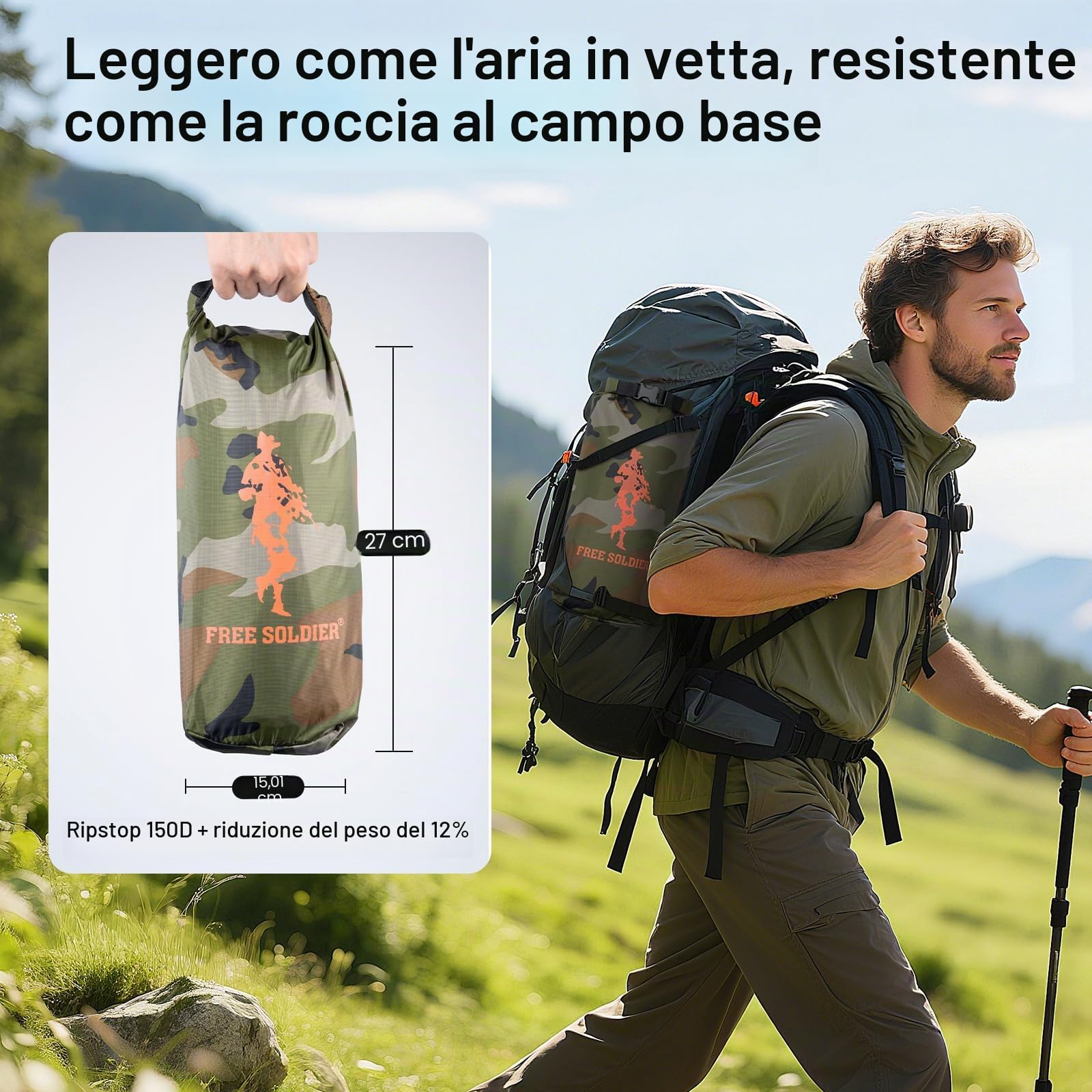 FREE SOLDIER Telo da Campeggio Impermeabile Tenda Amaca Grande Telo Telone Portatile Tettoia Anti-UV Tenda Parasole Tenda Parasole per Campeggio Escursionismo Viaggiare(Mimetico Con Chiodi)