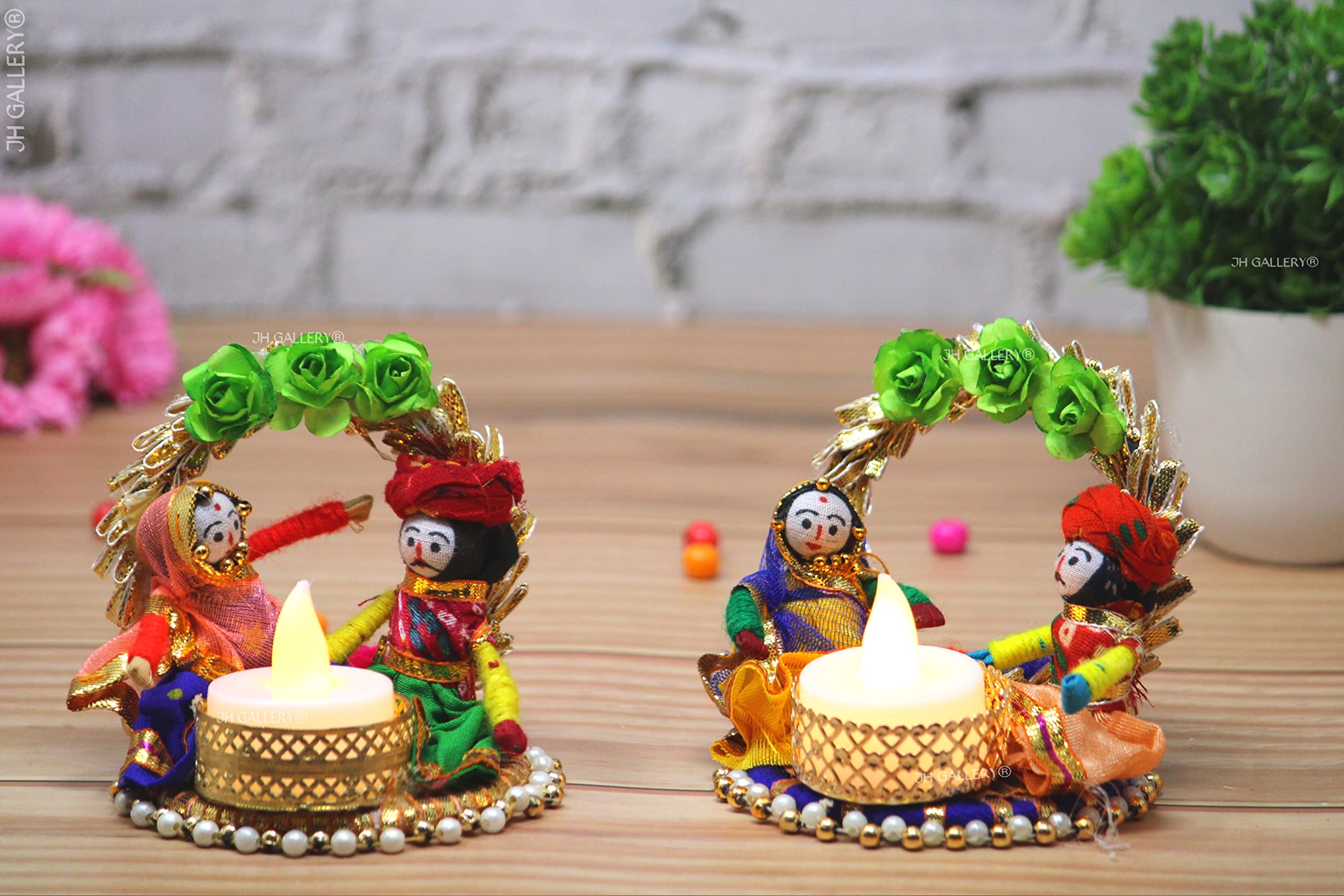 JH Gallery Recycled Material Rajasthani Raja Rani Puppet Dolls Decorative Tealight Candle Holder Multicolor (Pack of 2) - Image 3 thumbnail