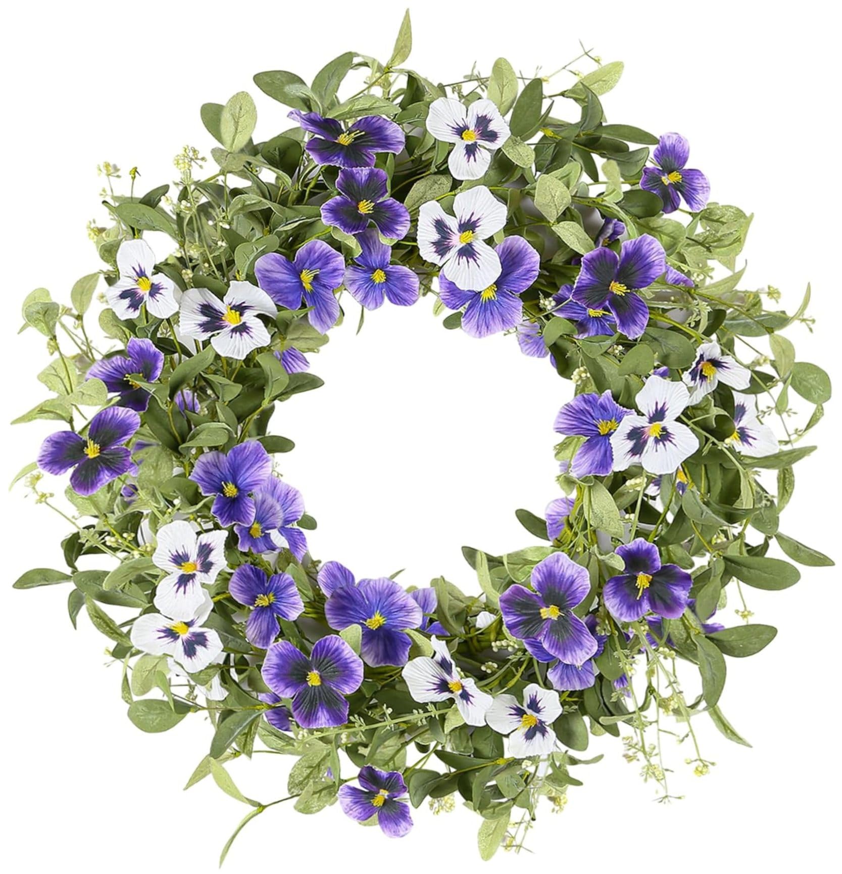 Aetherize Spring Summer Front Door Wreath, 18 Inch Artificial Floral Wreath with Eucalyptus and Pansies for Farmhouse Wall Window Home Decor Spring Summer Wreaths