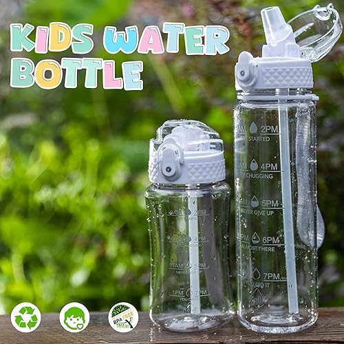Miniatura 7 de Botella de agua de 12 oz con popote y 10 calcomanías, sin BPA, motivacionales con marcador de tiempo y medidas, sin fugas, se abre con un clic,