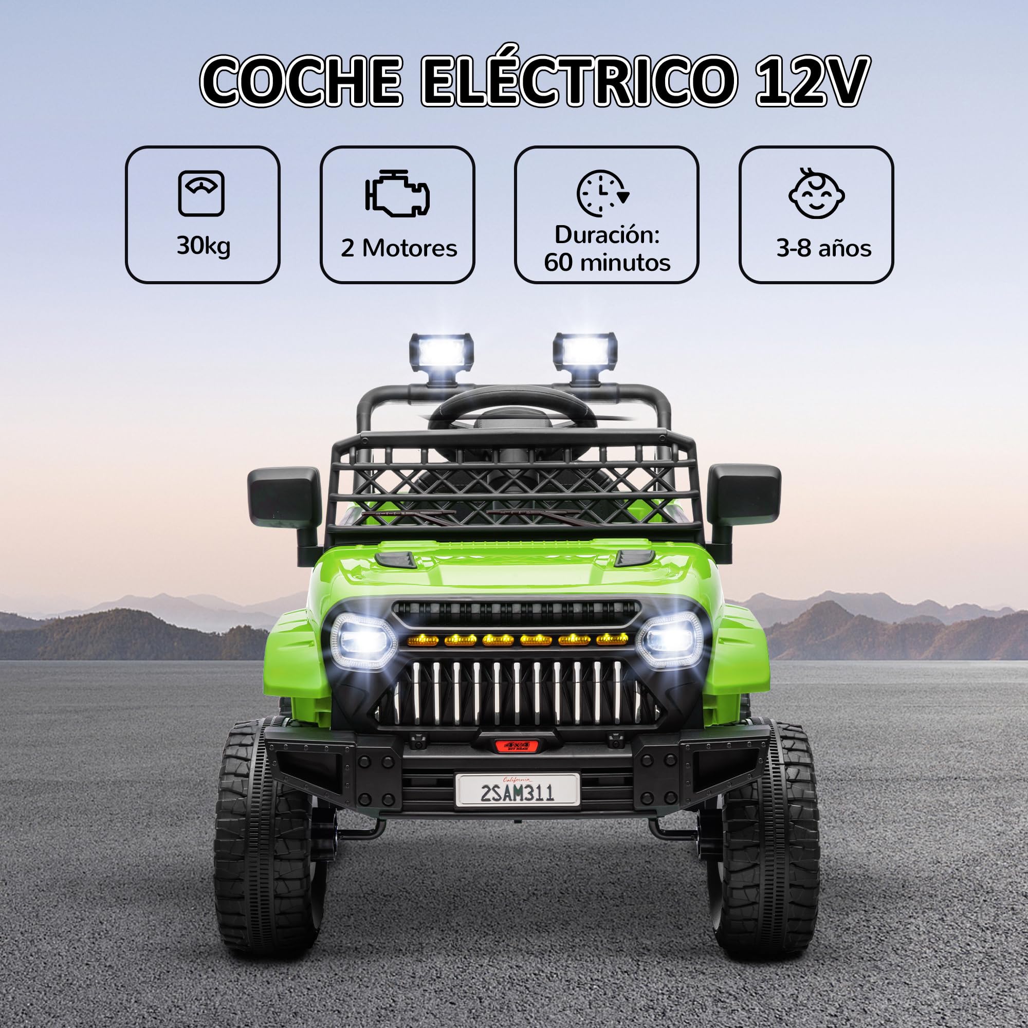 AIYAPLAY Coche Eléctrico para Niños de +3 Años Coche Eléctrico Infantil de Batería 12V con Mando a Distancia Velocidad Ajustable USB Faros Bocina Verde