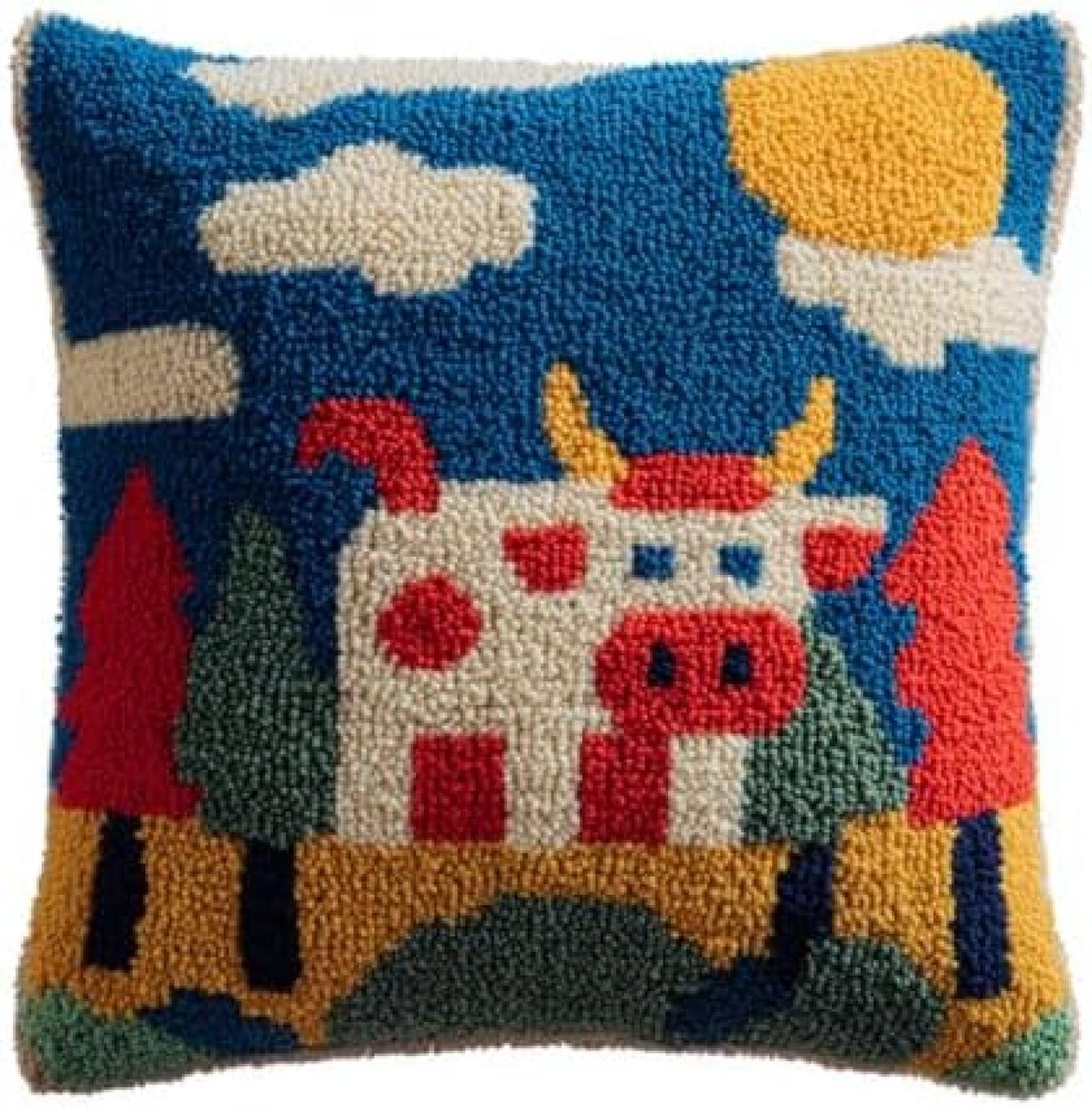 kitphoenix Adults Beginner Latch Hook Craft Kit,Bull and Forest,Cushion Cover DIY Set with Printed Canvas and Pre-Cut Yarn,43x43 cm