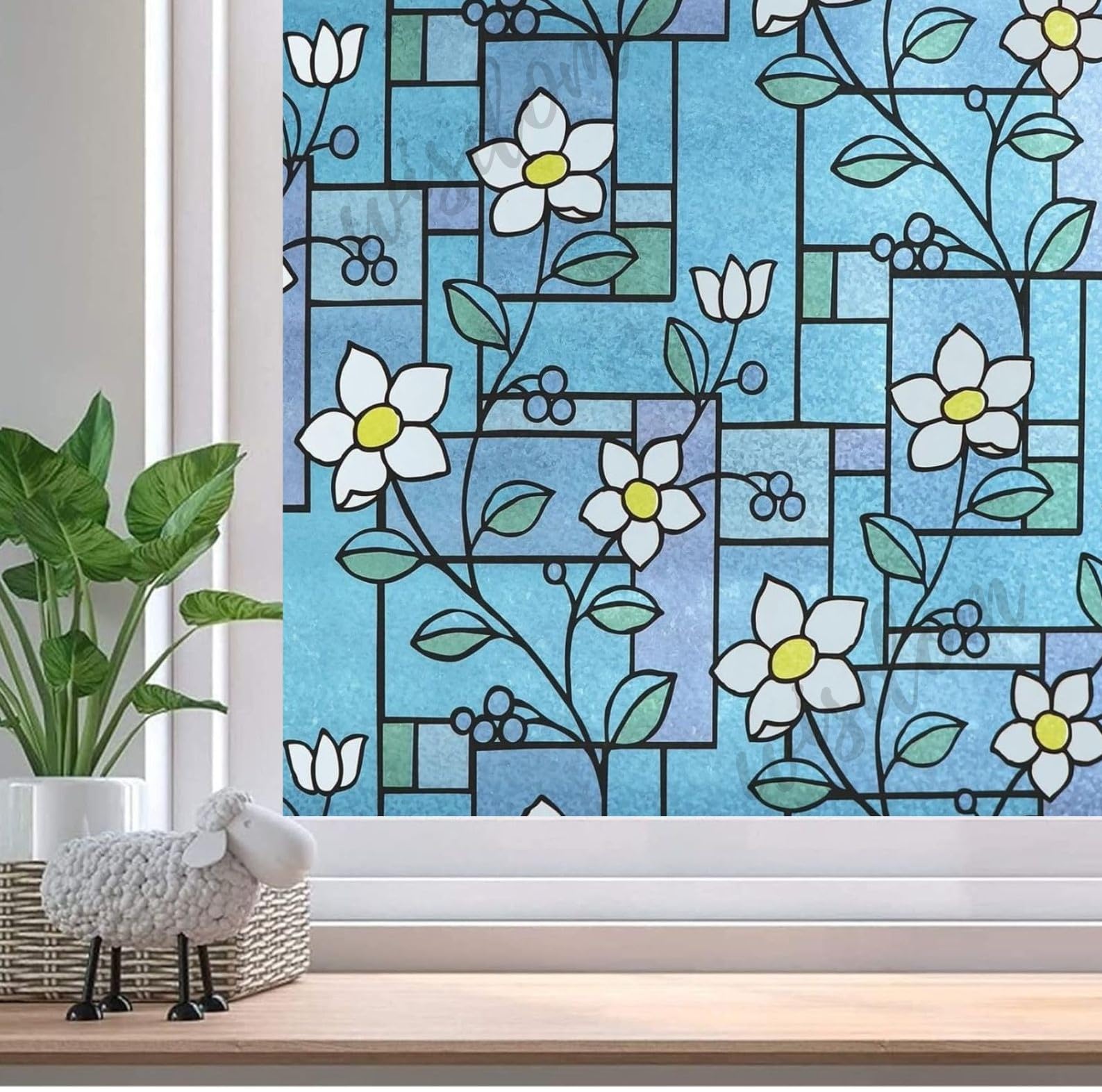 WISDOM Privacy Window Film Frosted Glass Film Glass Film No Glue Anti-UV Window Sticker Non Adhesive for Privacy Office Meeting Room Bathroom Living Room (Flower Jasmine, 24 x 178 inch)