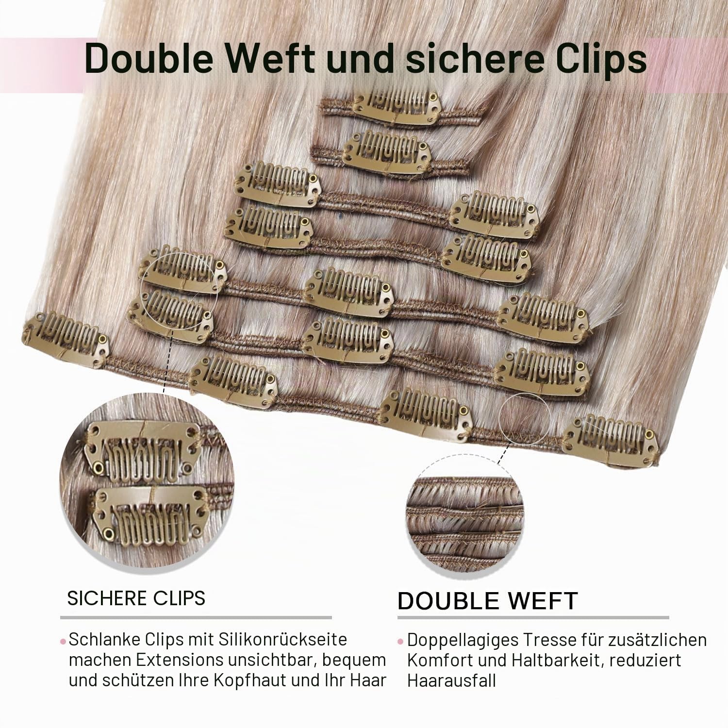 Pro2.0 Clip in Extensions Echthaar Menschenhaar 120g Dick 7 Stück | Farbe #18p1000 Aschblond Highlight Gebleichtes Blond Haarverlängerung Echthaar Clip 40cm für Frauen (#18p1000-40cm)