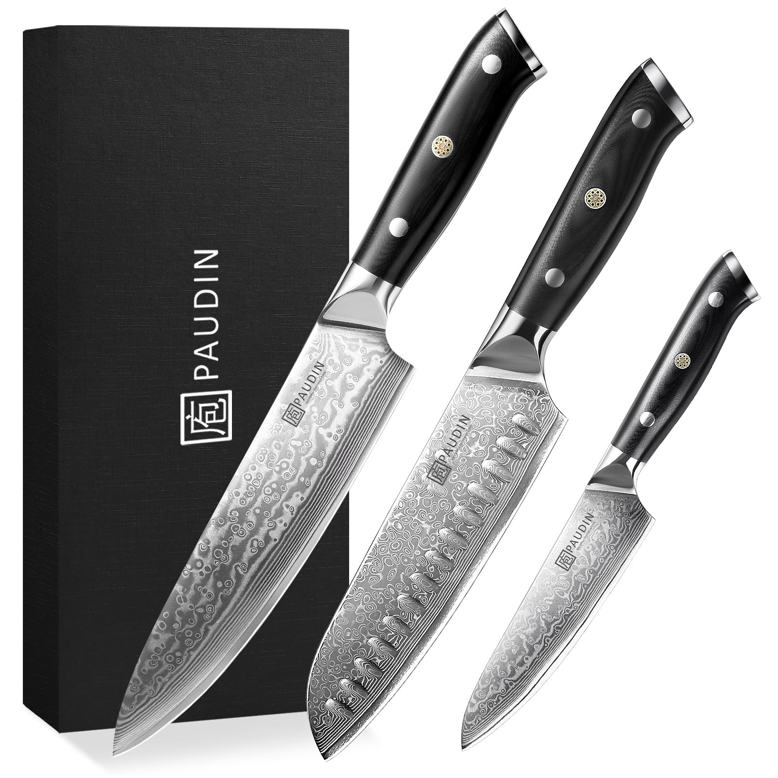 PAUDIN 3 Pieces Chef Knife Set, Ultra Sharp Damascus Kitchen Knife Set