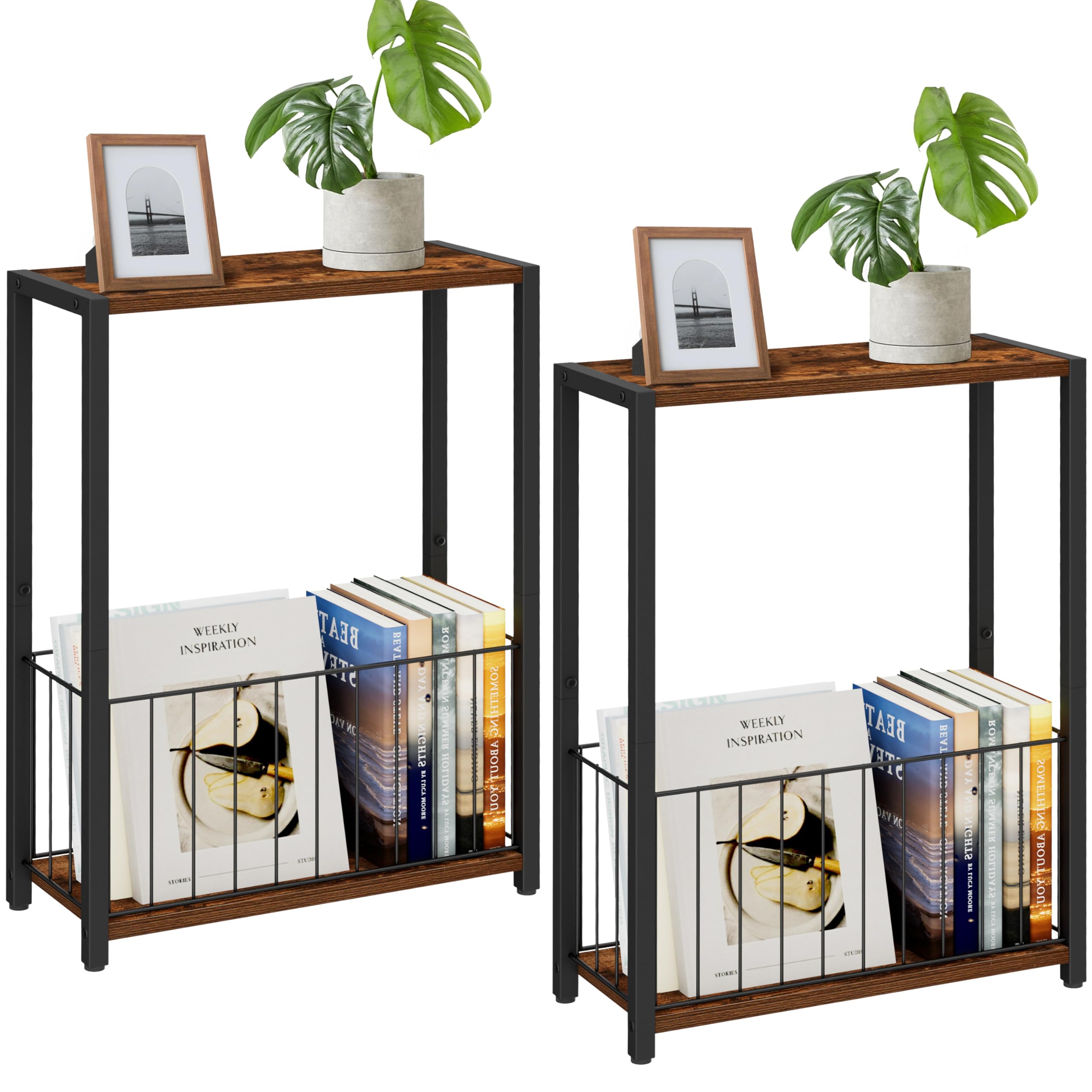 Homleke Narrow Side Tables Set of 2 with Magazine Holder, Skinny End Tables Perfect for Small Spaces, Space-Saving Design for Living Room, Bedroom, or