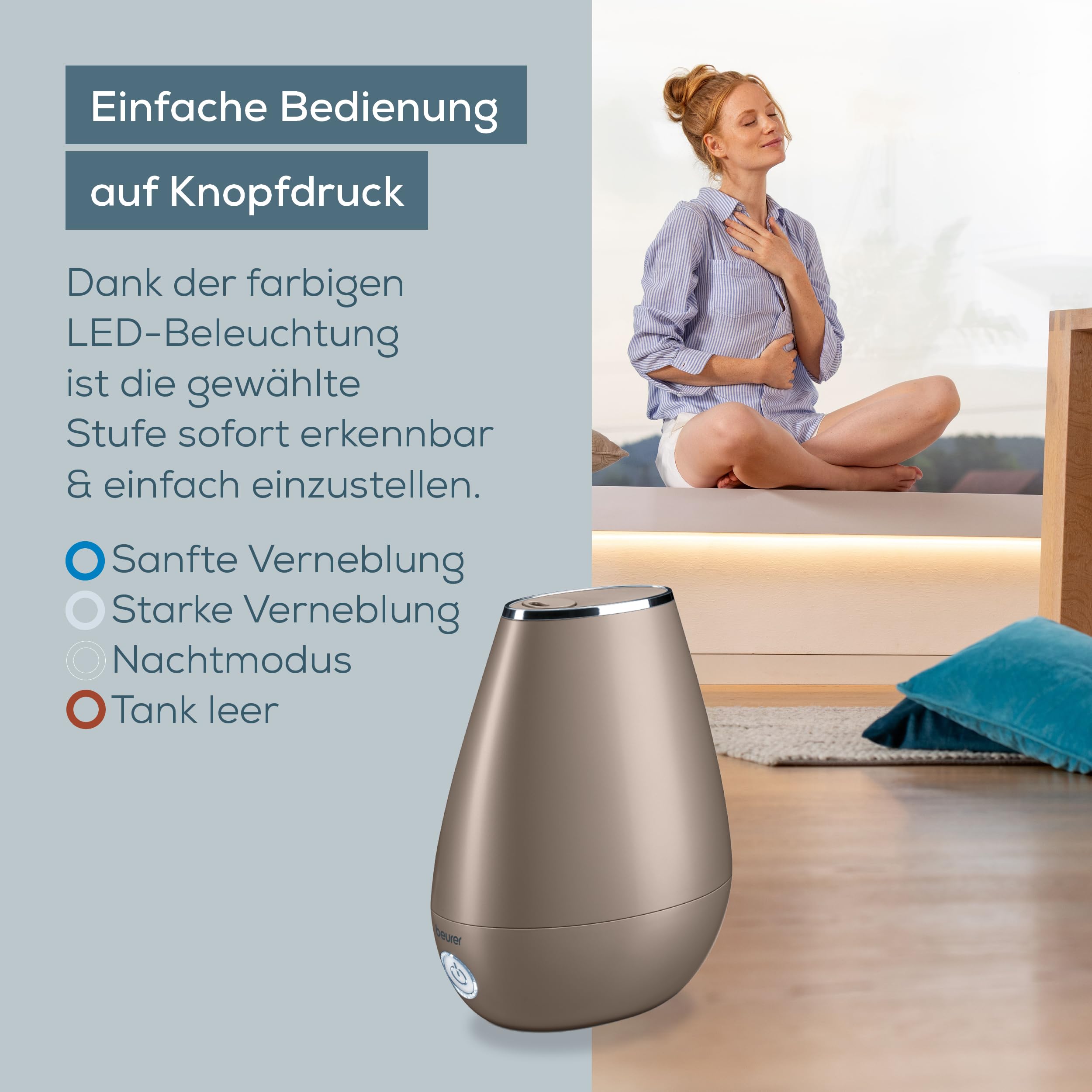 Beurer LB 37 Luftbefeuchter mit Ultraschall-Zerstäubung, Aroma Diffuser, 2L Tank, bis 20 m², toffee