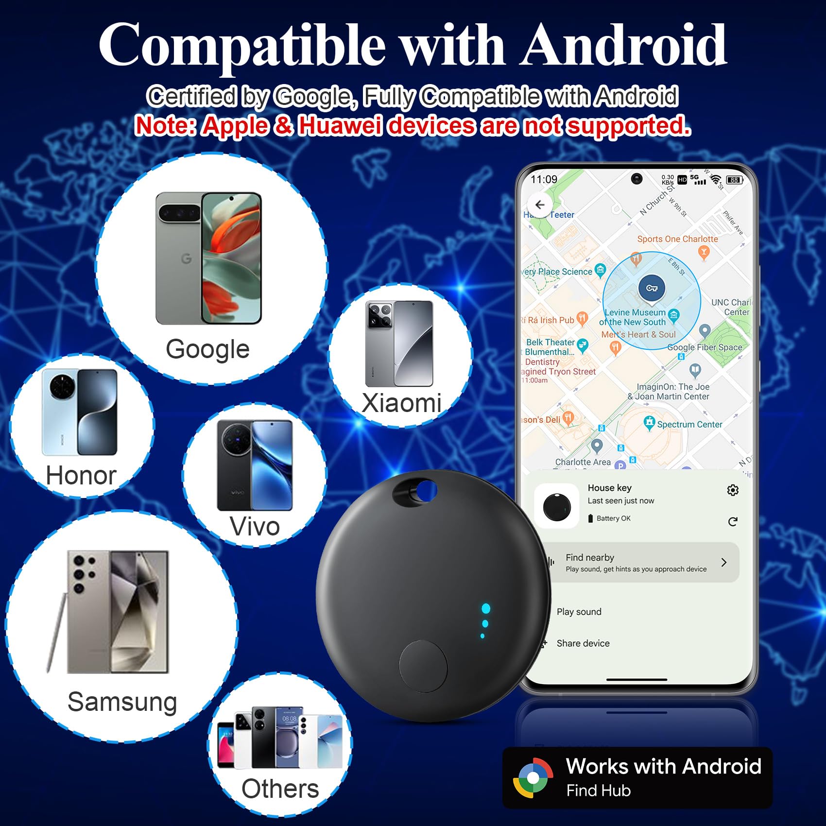 Air Tracker Android, 2 PCS Smart Tracker Localizzatore Chiavi Compatibile con Trova Dispositivo(Solo Android), Bluetooth Tracker Tag Compatibile per Portafogli,Chiavi,Zaini (Nero)