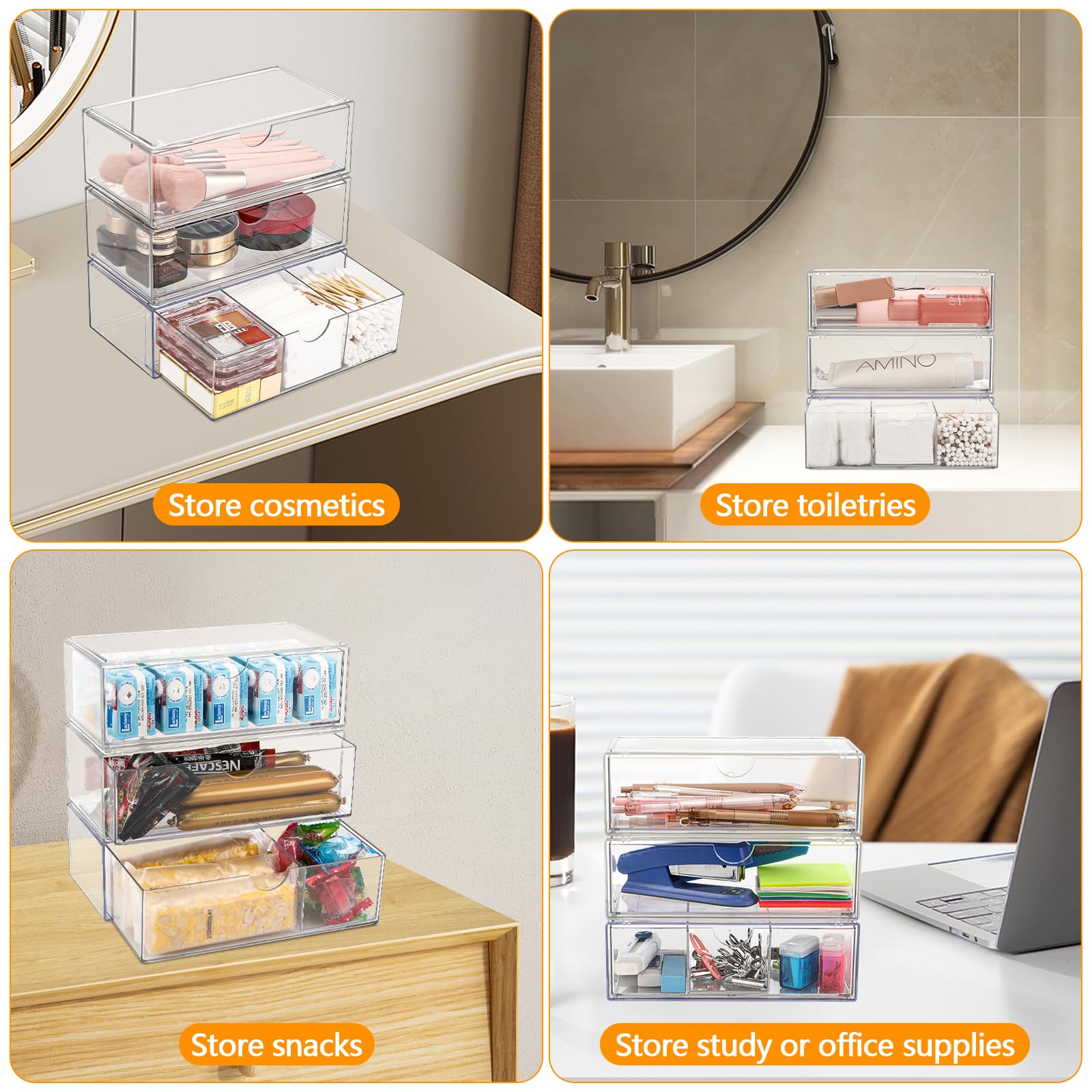 Pavlleen 3 Pezzi Trucchi Trasparente In Acrilico,Porta Trucchi Organizer da Bagno, impilabile,per Tavolozza,Pennello,Fondotinta, Rossetto,Forcine