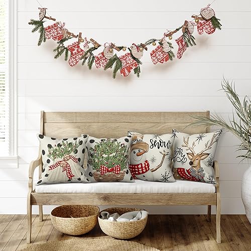 Miniatura 7 de Juego de 4 fundas de almohada decorativas para decoración de Navidad, decoración del hogar para sofá (árbol de Navidad, muñeco de nieve, guantes de