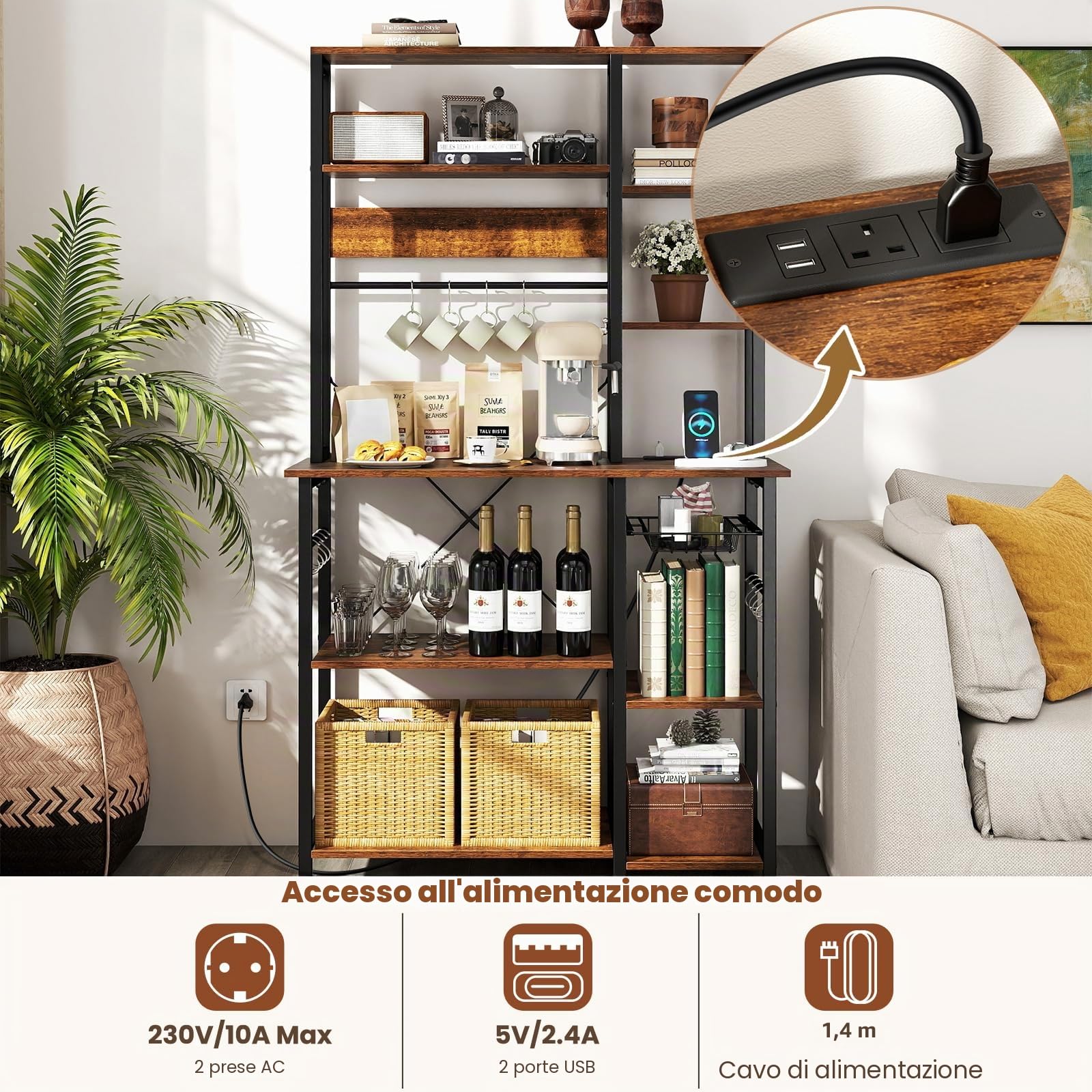 KOMFOTTEU Scaffale da Cucina con Stazione di Ricarica, Mobile Dispensa Cucina a 9 Livelli con 12 Ganci, Mensola Microonde Industriale, per Soggiorno, Sala da Pranzo, 99 x 40 x 170 cm