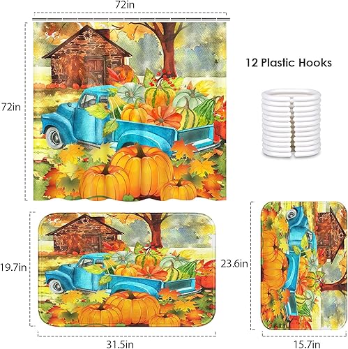Miniatura 2 de Arttown Juego de baño de paisaje otoñal de acuarela con cortina de ducha y accesorios de alfombras, camión con calabaza de cosecha, cortina de ducha