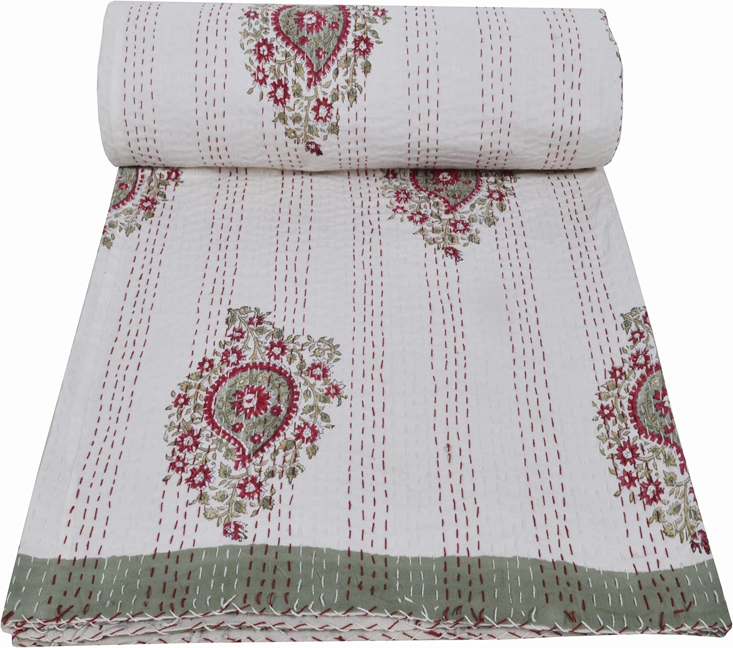YUVANCRAFTS Indian Block Print Quilt Queen Kantha Quilts Kantha Throw Kantha Bedspread Blanket Cotton Bed Cover Vintage Quilt Boho Kantha Quilts Queen Size Quilt Blanket (Twin 90 X 60 Inch, White 3)