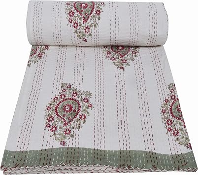 YUVANCRAFTS Indian Block Print Kantha Quilt 100% Cotton Queen Size Blanket Bedspread Throw Vintage Boho Bed Cover Twin 90 x 60 Inch White 2