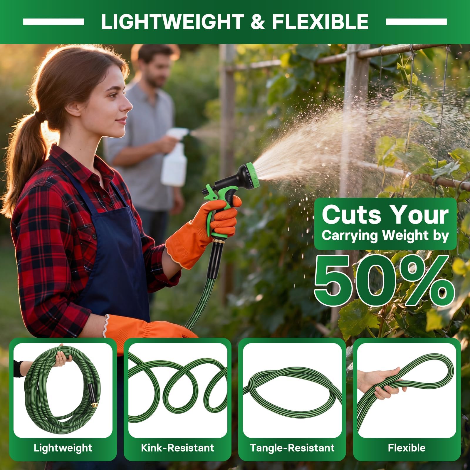 Gartenschlauch, 30,5 m, flexibler, nicht erweiterbarer Wasserschlauch, knickfrei, ultraleicht, auslaufsicher, langlebig, tragbar, verschleißfest, Schläuche mit 1,9 cm Messingbeschlägen für