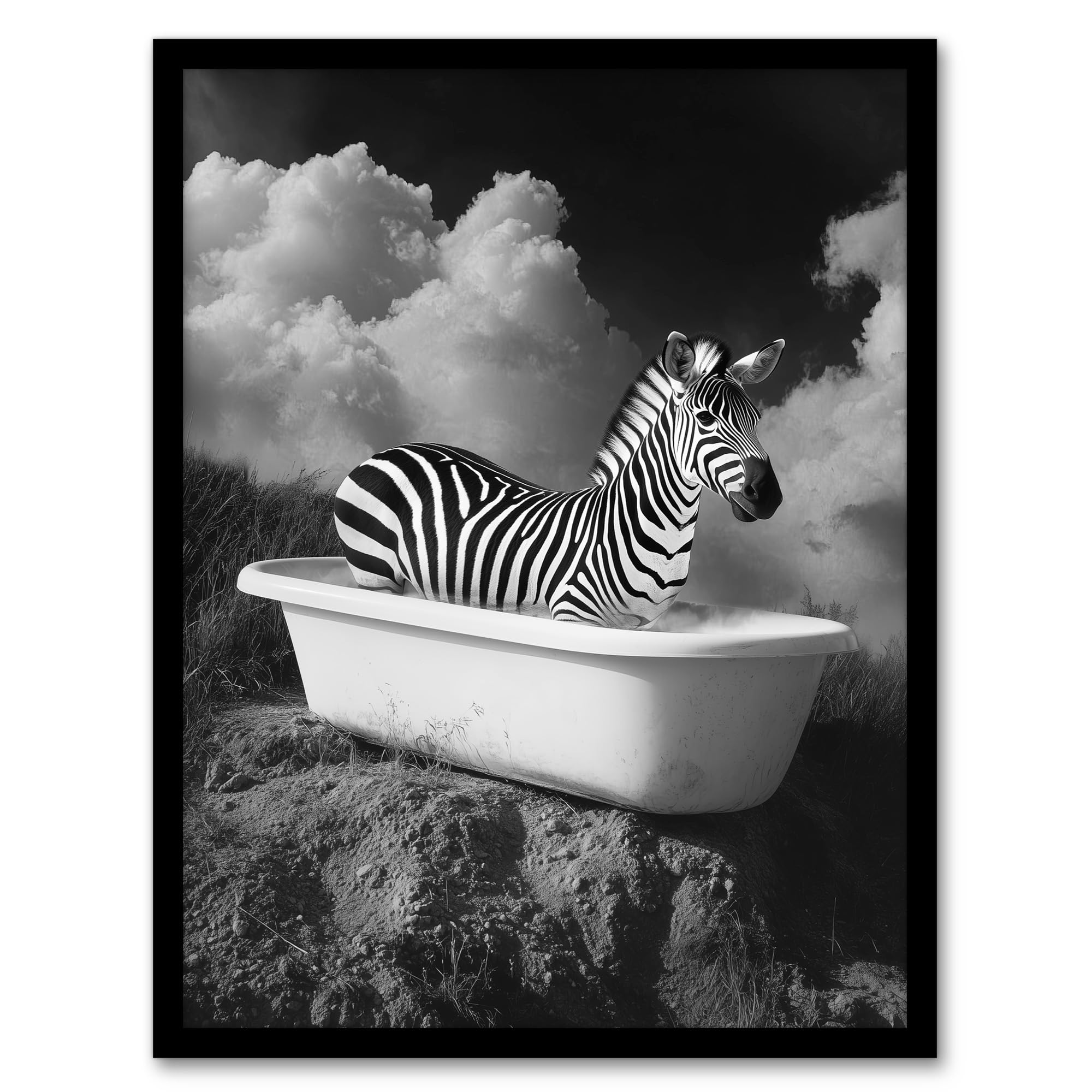 Artery8 Zebra Bath Time in Bathtub Black White Surreal Bathroom Toilet Artwork Framed Wall Art Print A4