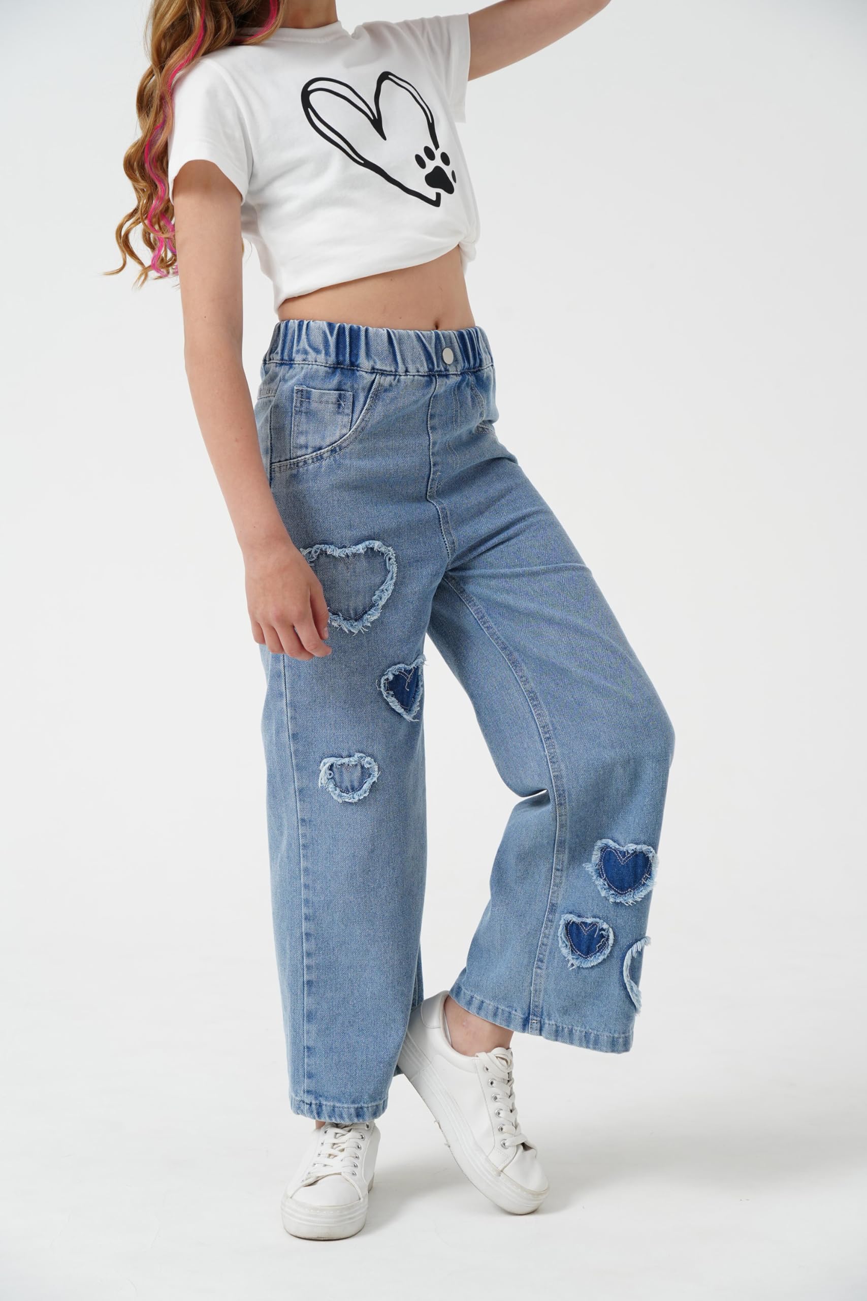 AOWKULAE Pantalones de mezclilla para niñas de 4 a 14 años con cintura elástica y pierna ancha