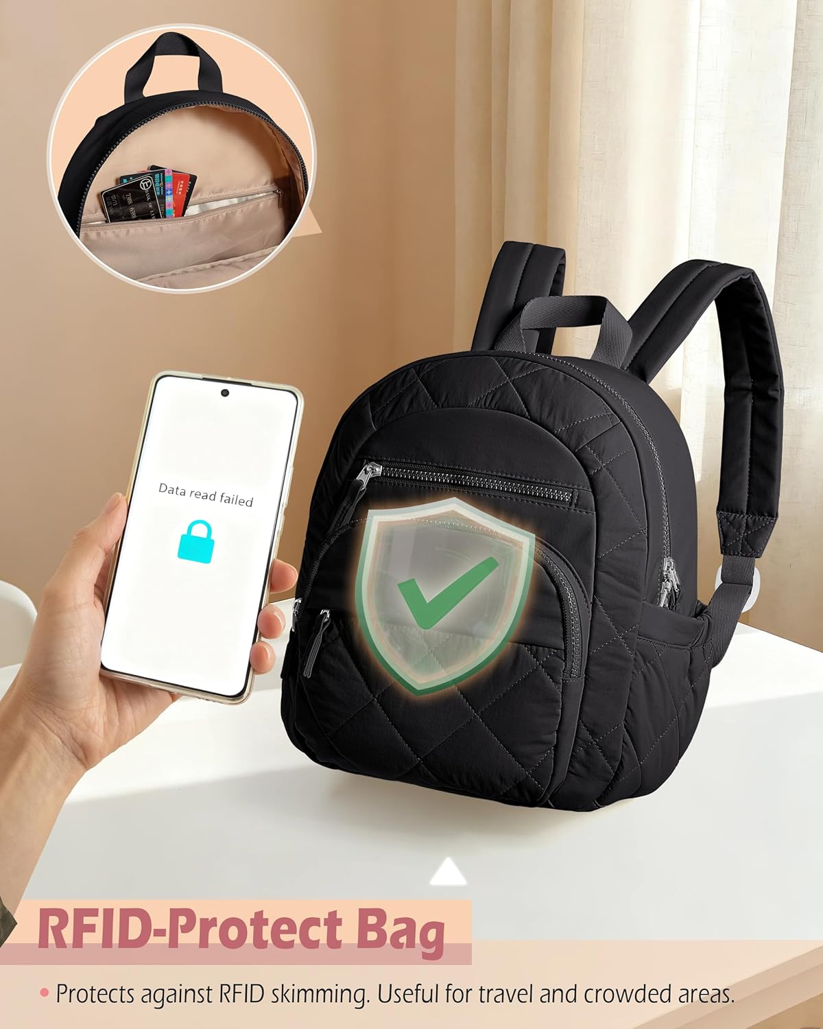 Smasrob Women Mini Backpack with RFID Blocking Pocket, Small Puffer Backpack Purse, Lightweight Quilted Backpack for Work, College or Travel, Black