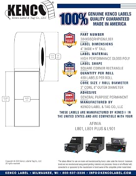 Kenco Premium 4 X 9 High Performance Gloss Poly Roll-Fed Inkjet Labels. Compatible with Afinia L801, L801 Plus & L901 Printers. 450 Labels per Roll on a 3 Core and 8 Outer Diameter.