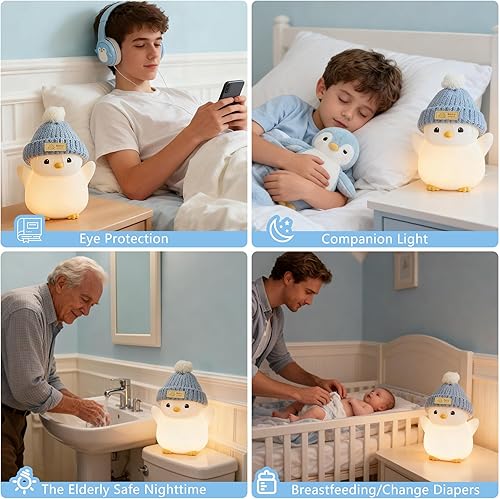 Miniatura 5 de Luz nocturna de pingüino para niños, adorable lámpara de pingüino con sombrero, luz nocturna de silicona de grado alimenticio, recargable,
