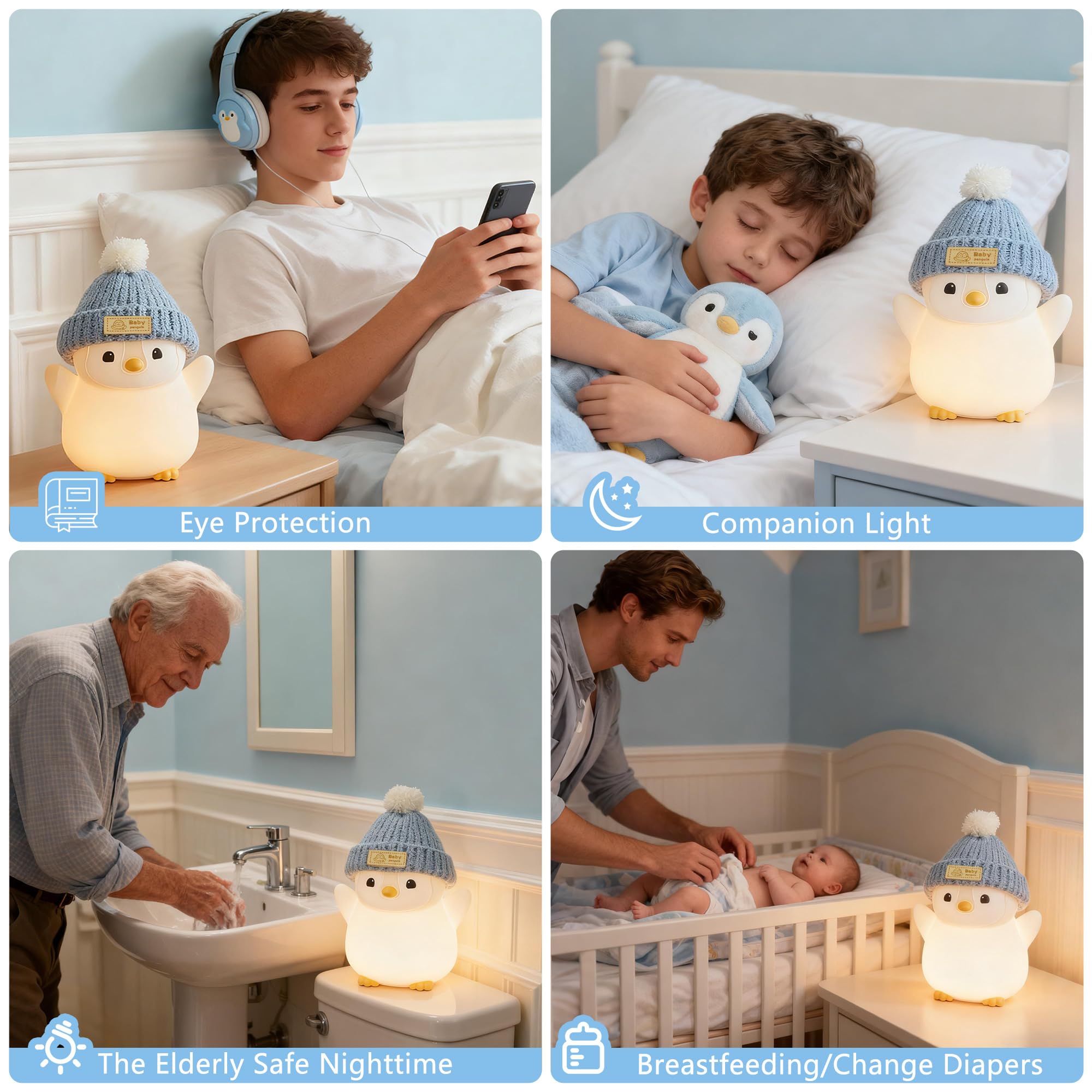 FAMIDUO Luce Notturna Bambini, Silicone Pinguino Lampada per Bambini Notturna, USB Ricaricabile, 2 Livelli di Luce Dimmerabile, Timer, Luce Notturna Neonato LED a Forma di Animale, Regali per Bambino
