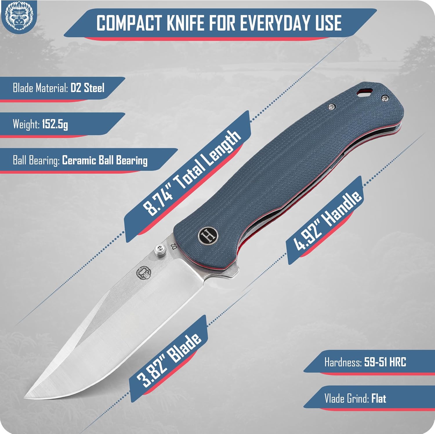 Holtzman's Gorilla Survival Wrangler Folding Knife with G10 Handle and D2 Steel Blade, Gift Box Set (Grey+Red) - Ideal for Everyday Carry and Outdoor Use