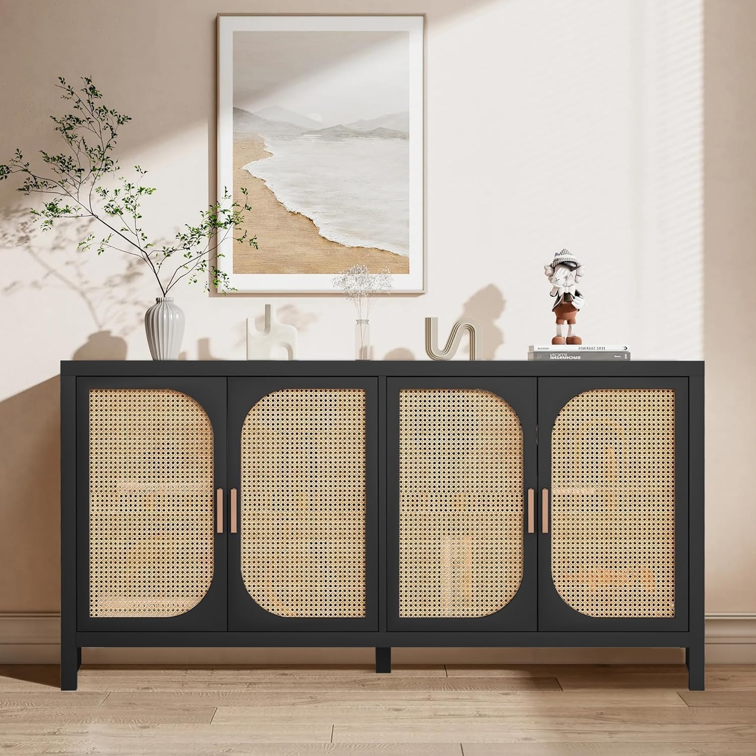 Solid Sheesham Wooden Sideboard & Cabinet with Rattan Cane Doors | Free Standing Accent Cabinet for Entryway, Living Room, Home & Office (Set of 2)-picture-20