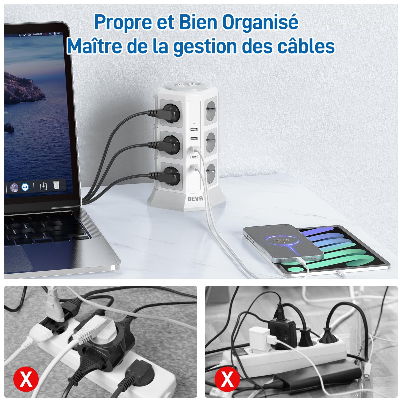 BEVA 12 Prises Tour Multiprise Parafoudre avec Câble 2M,Blanche | 2500W/10A Multiprise Electrique avec 2 Interrupteur et 2 USB-C (15W)+3 USB-A,Multiprise Parafoudre et Surtension