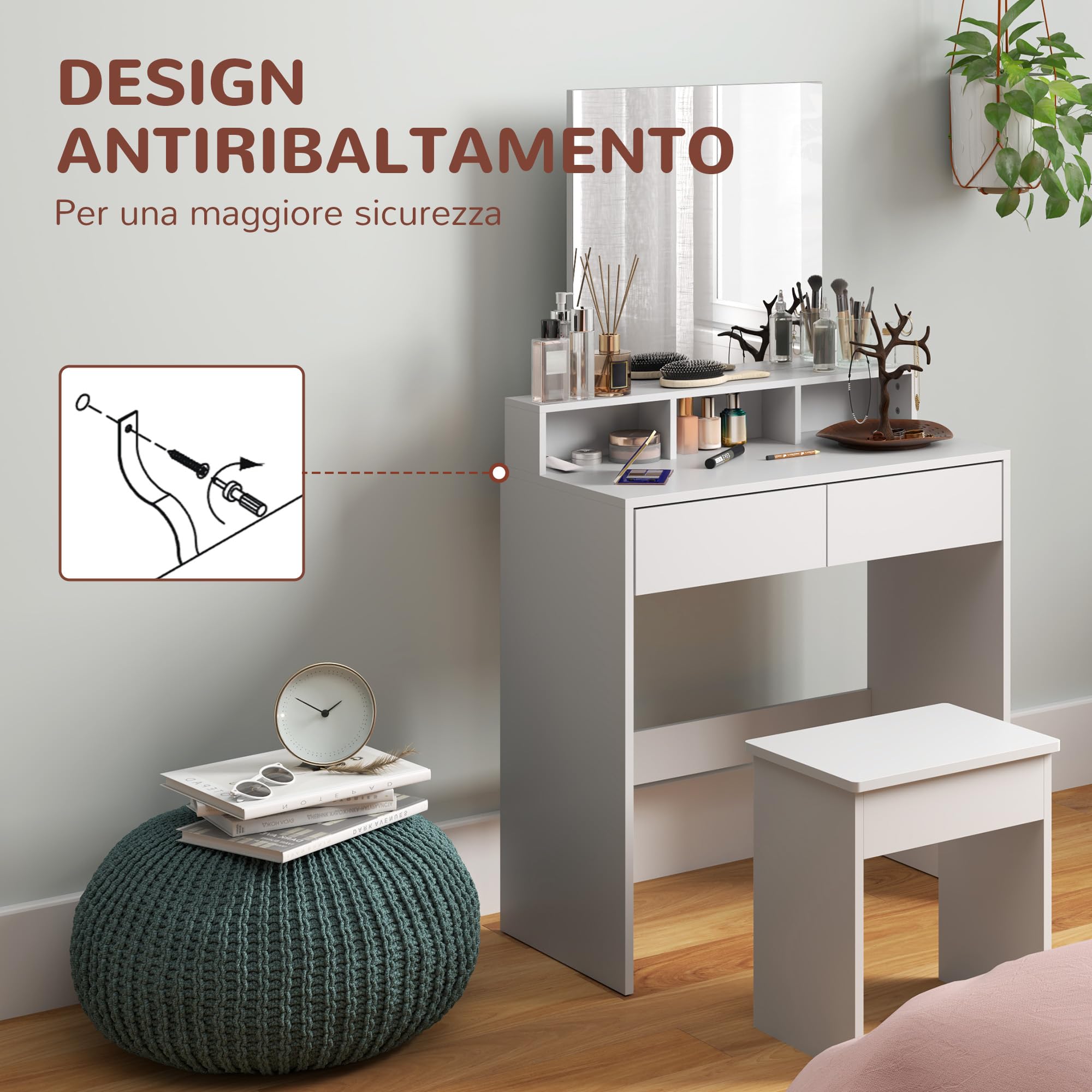 HOMCOM Postazione Trucco con Sgabello, Tavolo da Trucco con Specchio, 3 Ripiani, 2 Cassetti, Toeletta Trucco Moderno in Legno per Camera da Letto, 75x38x135 cm, Bianco