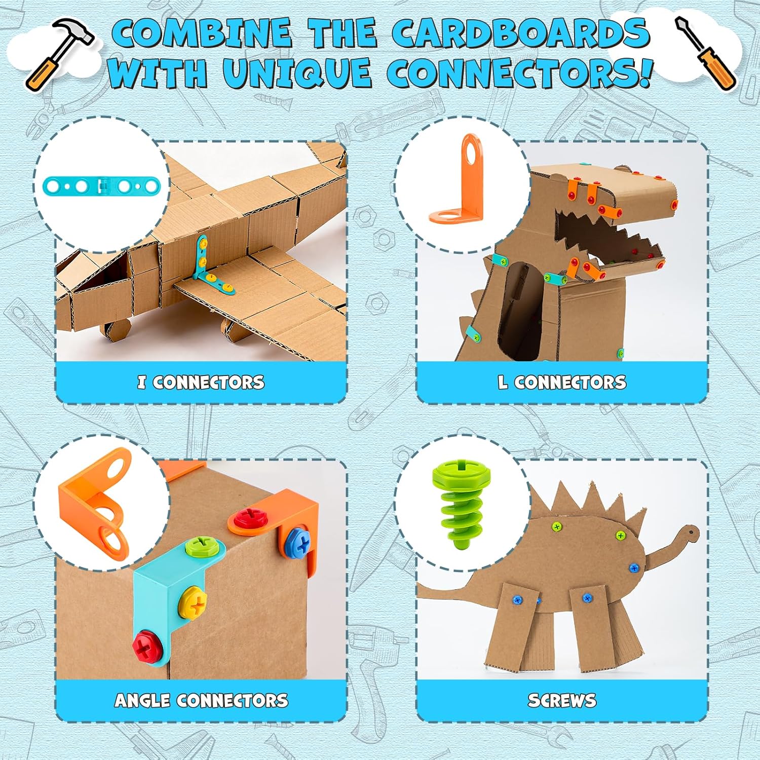 196 PCS Cardboard Cutter for Kids, Reusable Safe Cardboard Tools for Kids with Box, Gloves, Screws, Connectors, Screwdrivers, Saws, Educational Toys for 5 6 7 8 Year Old, Birthday Gift for Boys Girls