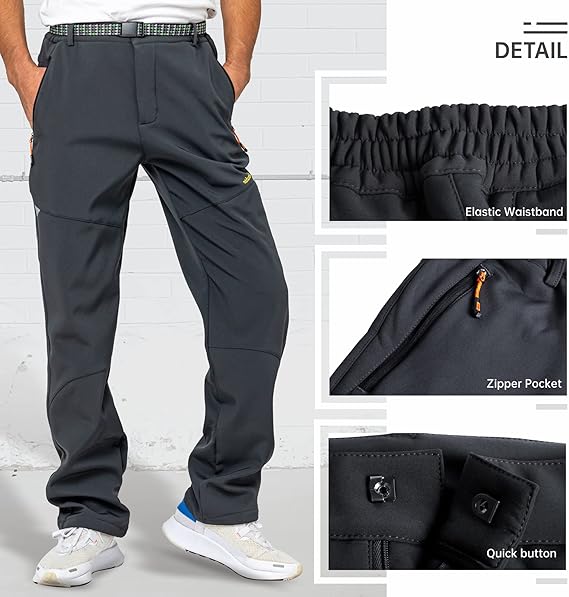 LY4U Winterbroek voor heren, winddicht, met fleece gevoerd, sneeuwski, softshellbroek, warme broek voor wandelen, golfen, vissen, klimmen, zwart, XXL