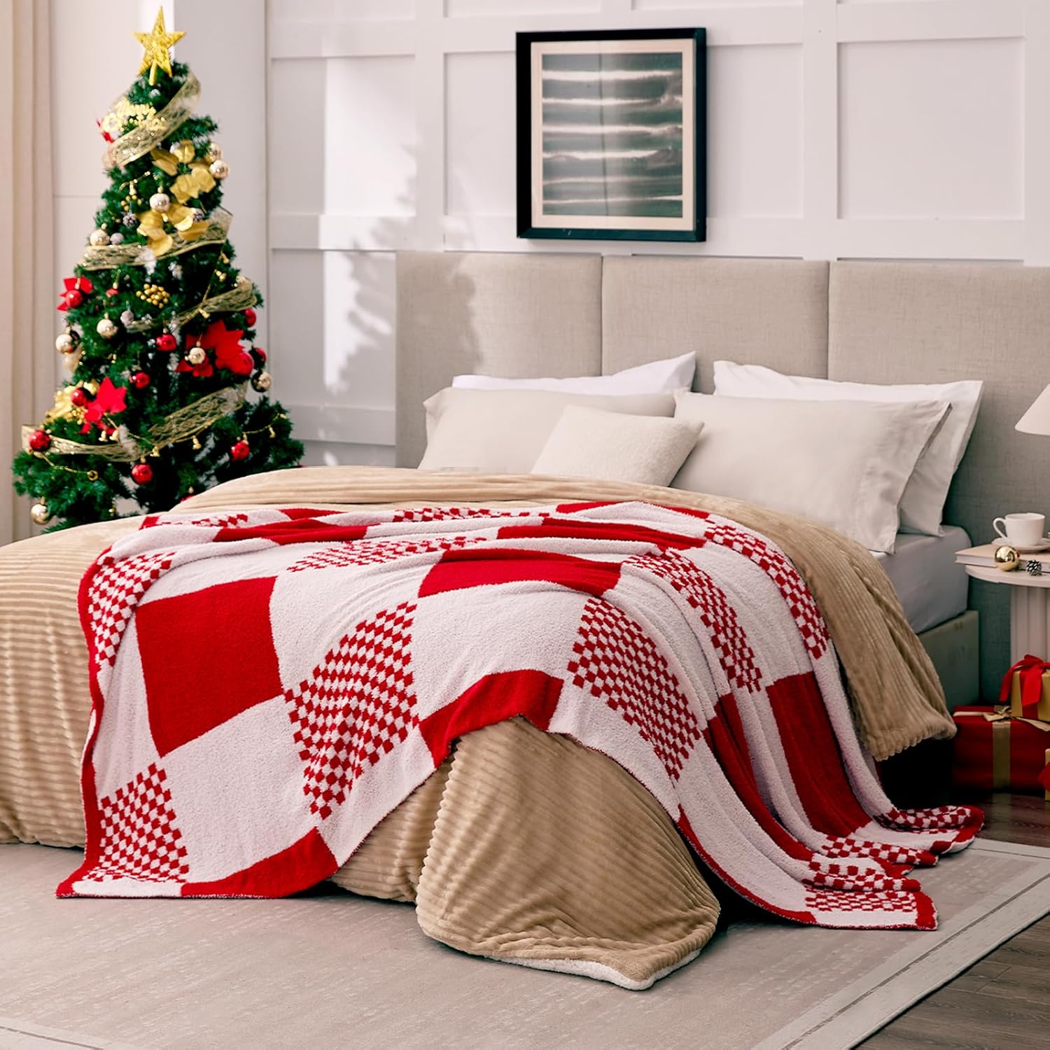 Red Checkered Throw Blankets for Christmas, Buffalo Plaid Throw Blanket Ultra Soft Warm Premium Microfiber Yarn Blanket for Couch, Reversible Cozy Knitted Blanket,Red White,50"x60"