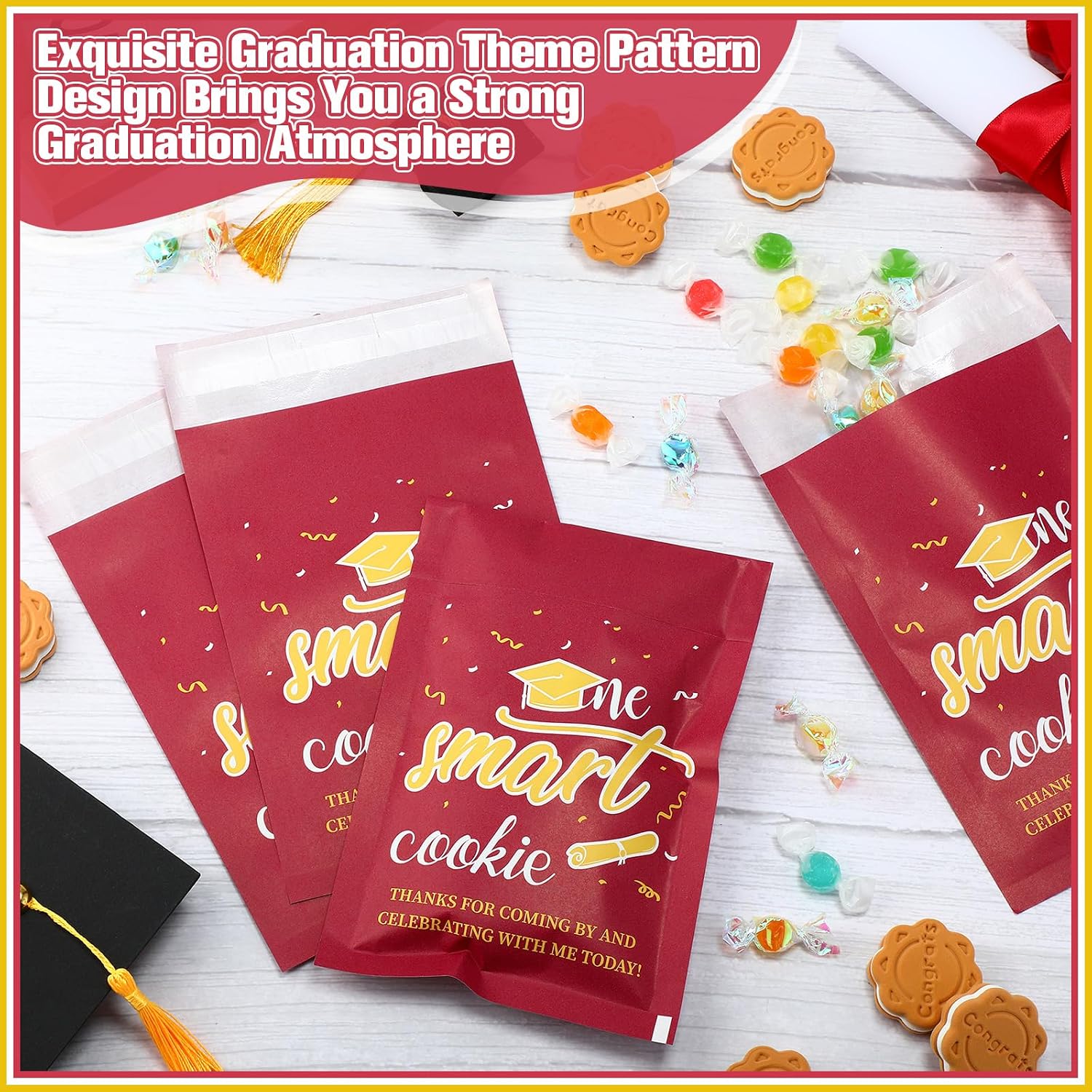 MotiMind 200 Pcs One Smart Graduation Cookie Gift Bags Self Adhesive Congrats Grad Kraft Paper Buffet Candy Treat Bags for Graduation Party Favors 2025(Brownish Red) image 4
