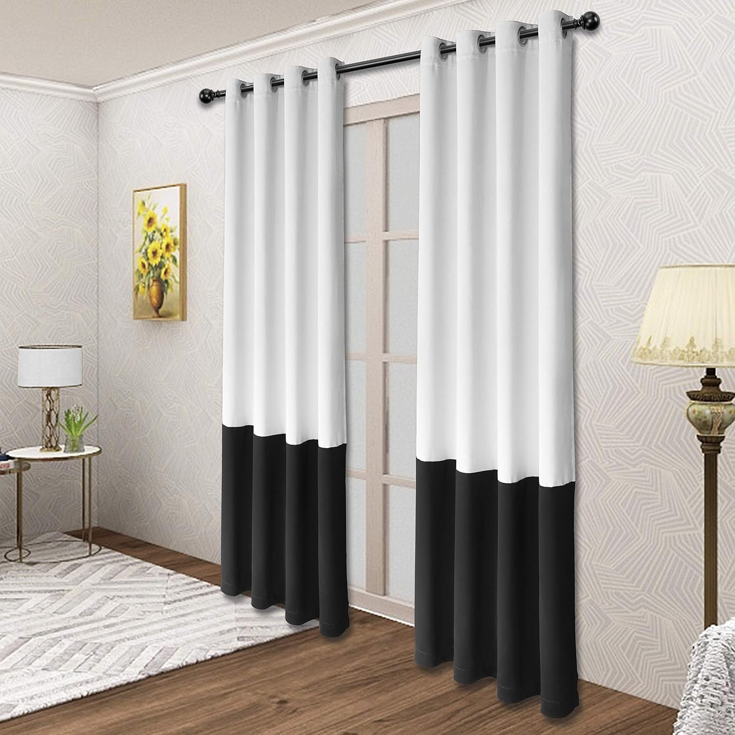 LORDTEX Color Block Blackout Curtains for Bedroom – Insulated Thermal Curtains, Noise and Sun Light Blocking Grommet Window Drapes for Living Room, 52 x 84 Inch, Grayish White/Black, Set of 2 Panels