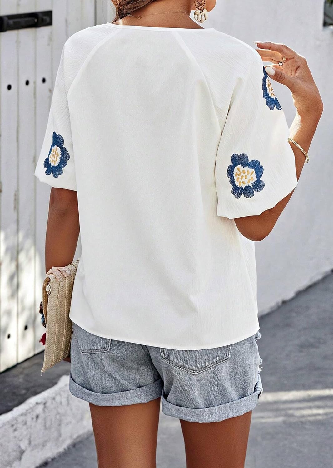 HVEPUO Summer Puff Short Sleeve Shirts for Women V Neck Boho Vacation Floral Embroidered Blouses Casual Cute Going Out Tops - Image 3