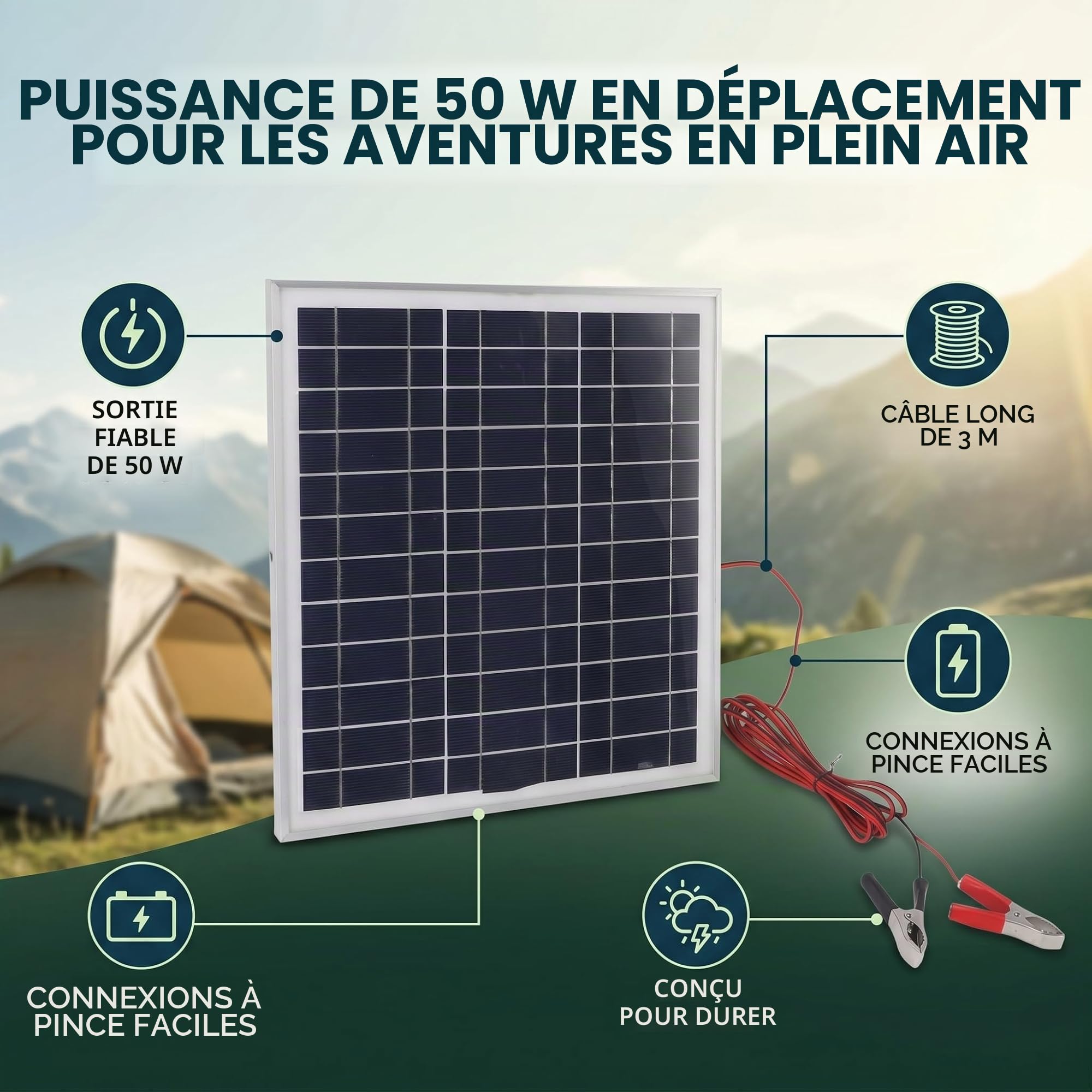 Panneau Solaire Portable 50 W avec Silicium Monocristallin, Cadre en Aluminium et Câble de 3 Mètres pour Camping, Randonnée, Camping-car